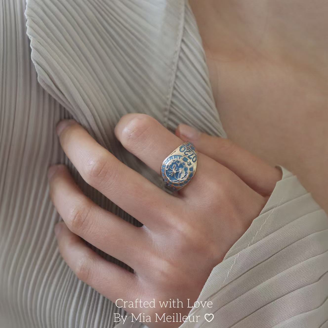 Moon Landing Ring, Vintage Inspired 1969 Apollo Tribute Jewelry, Blue Enamel Adjustable Signet Ring MR162