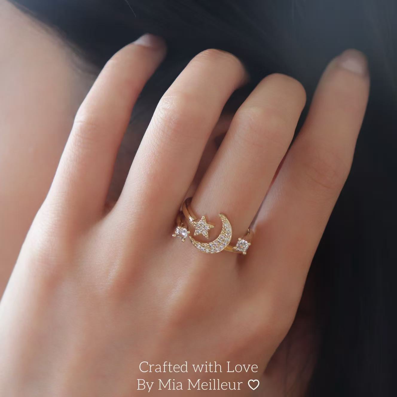 Crystal Crescent Moon Adjustable Ring, Dainty Celestial Jewelry MR165