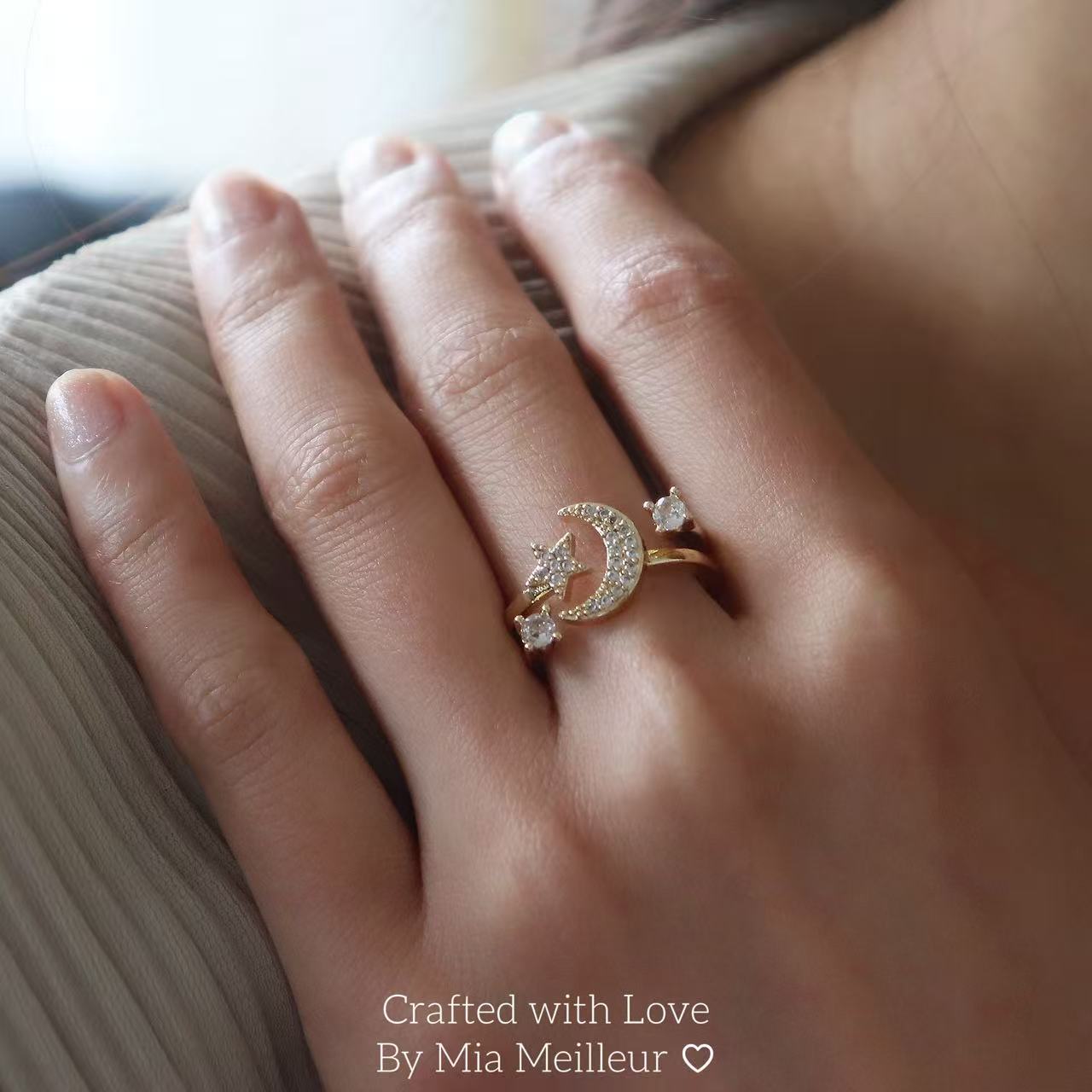 Crystal Crescent Moon Adjustable Ring, Dainty Celestial Jewelry MR165