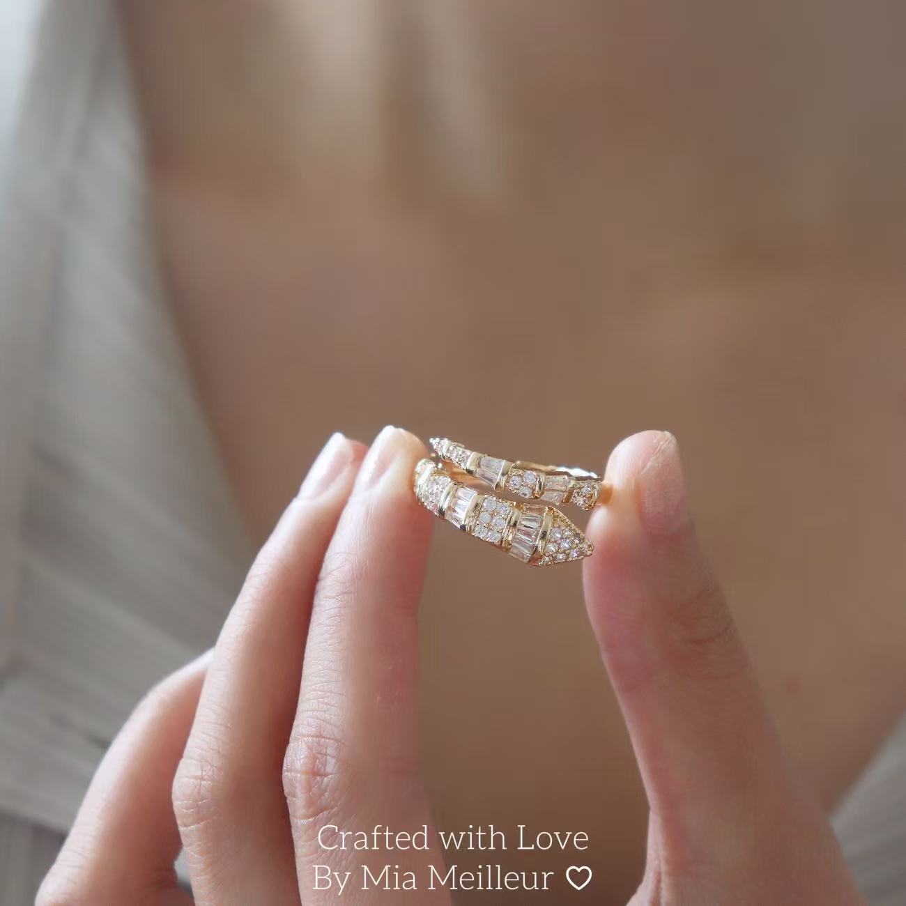 Gold Snake Ring, Adjustable Serpent Crystal Ring MR164