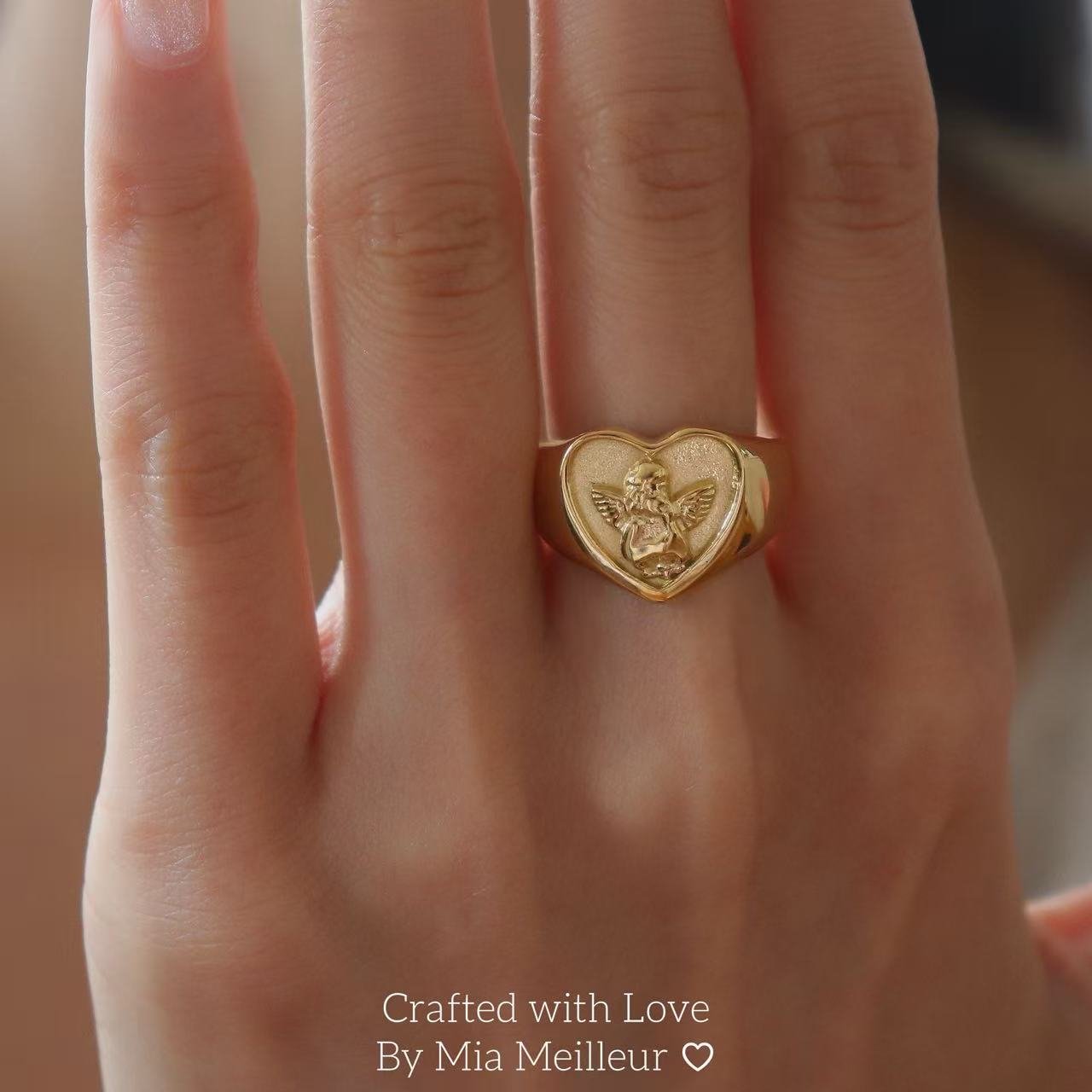 Vintage Inspired Gold Heart Signet Ring with Angel MR167
