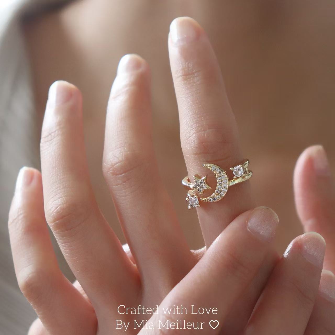 Crystal Crescent Moon Adjustable Ring, Dainty Celestial Jewelry MR165