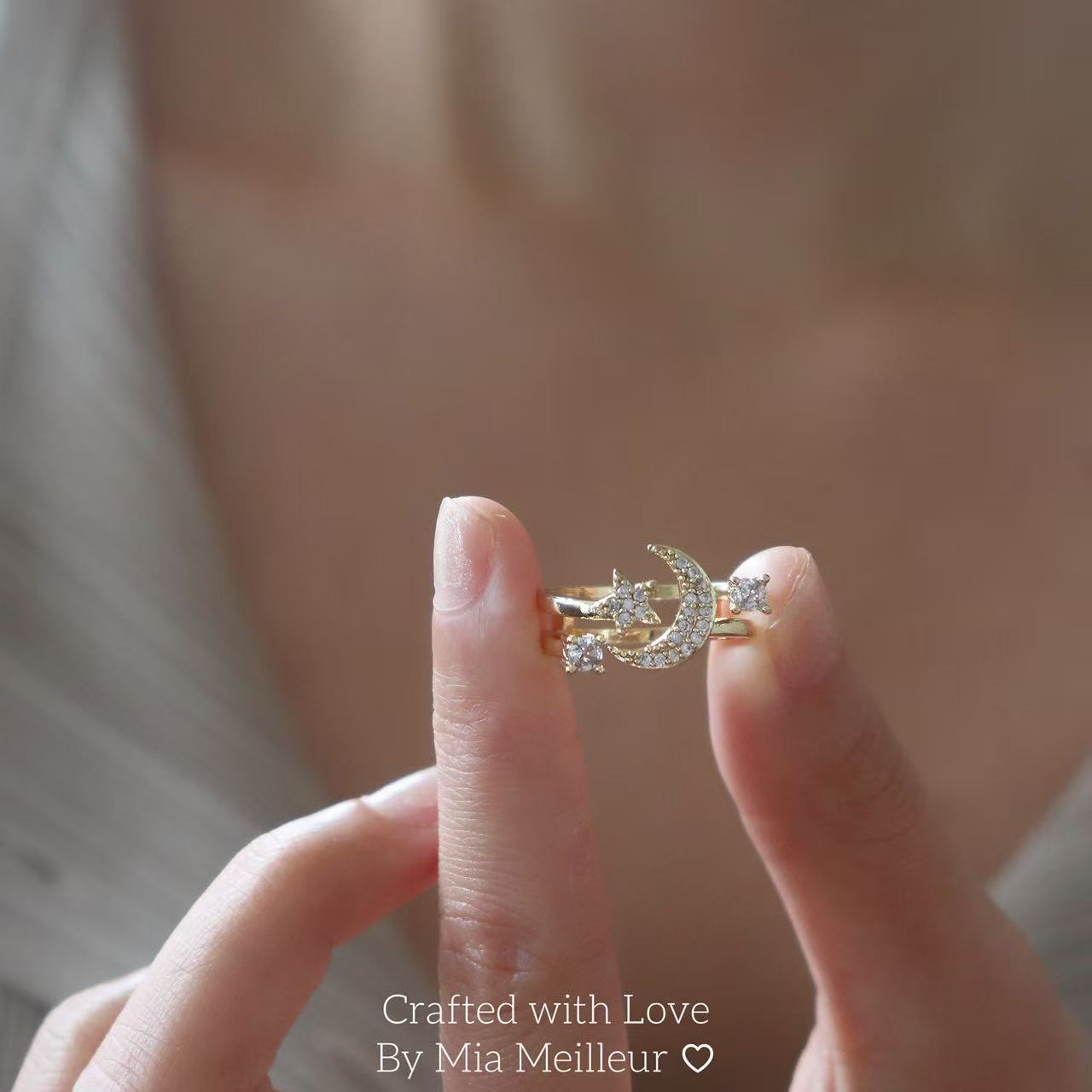 Crystal Crescent Moon Adjustable Ring, Dainty Celestial Jewelry MR165