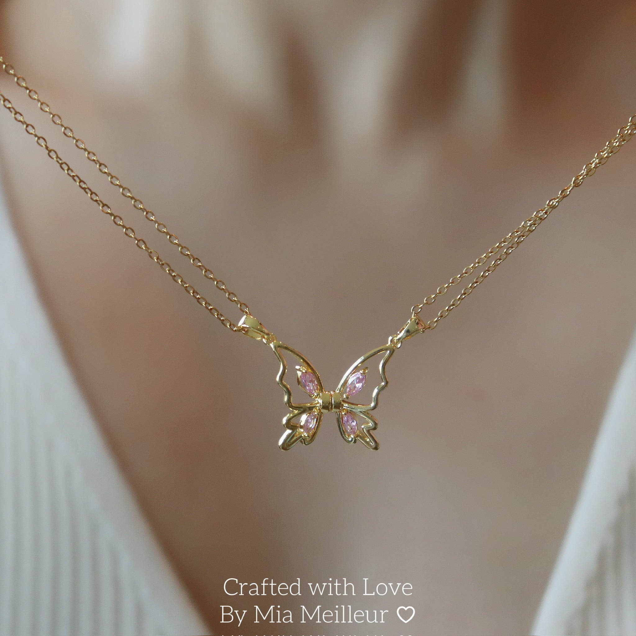 Pink Crystal Half Butterfly Matching Necklace