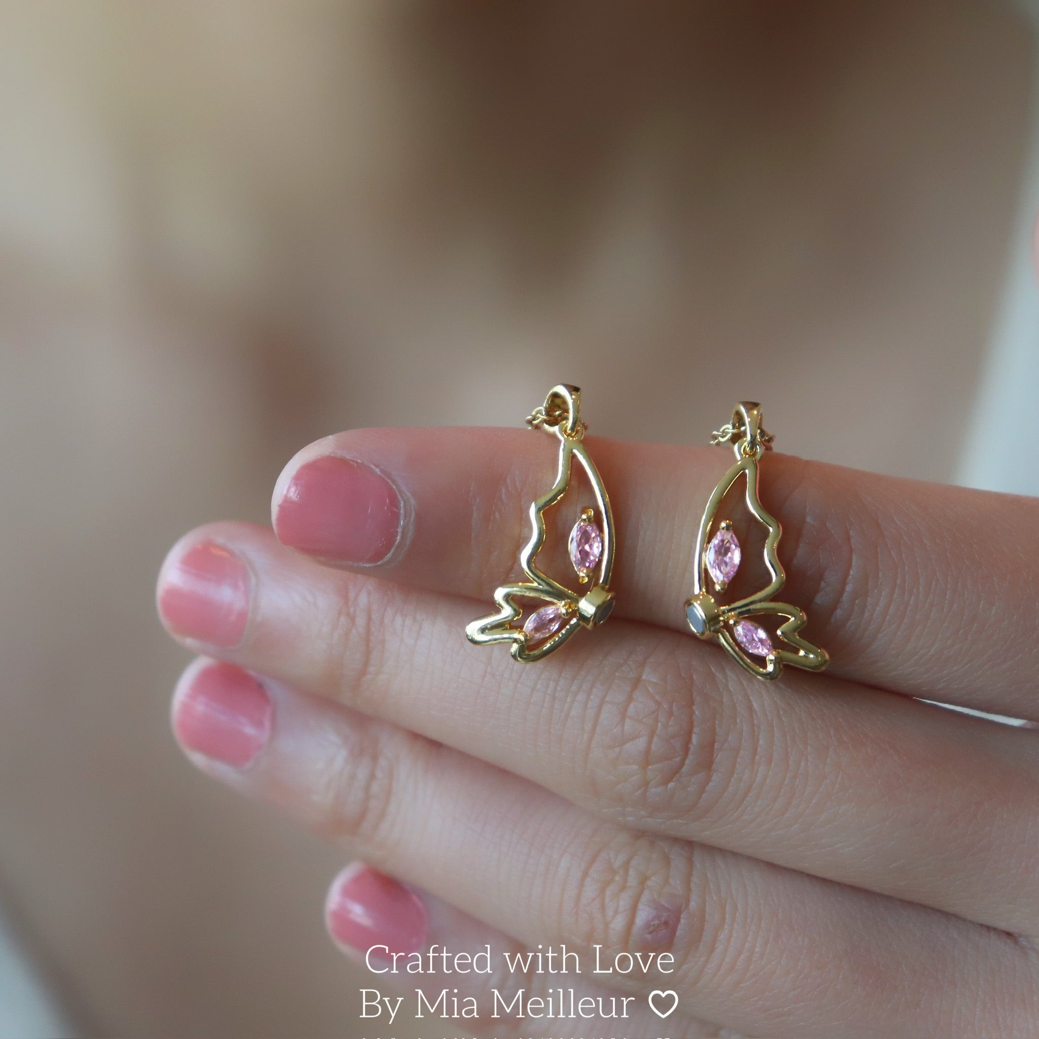 Pink Crystal Half Butterfly Matching Necklace