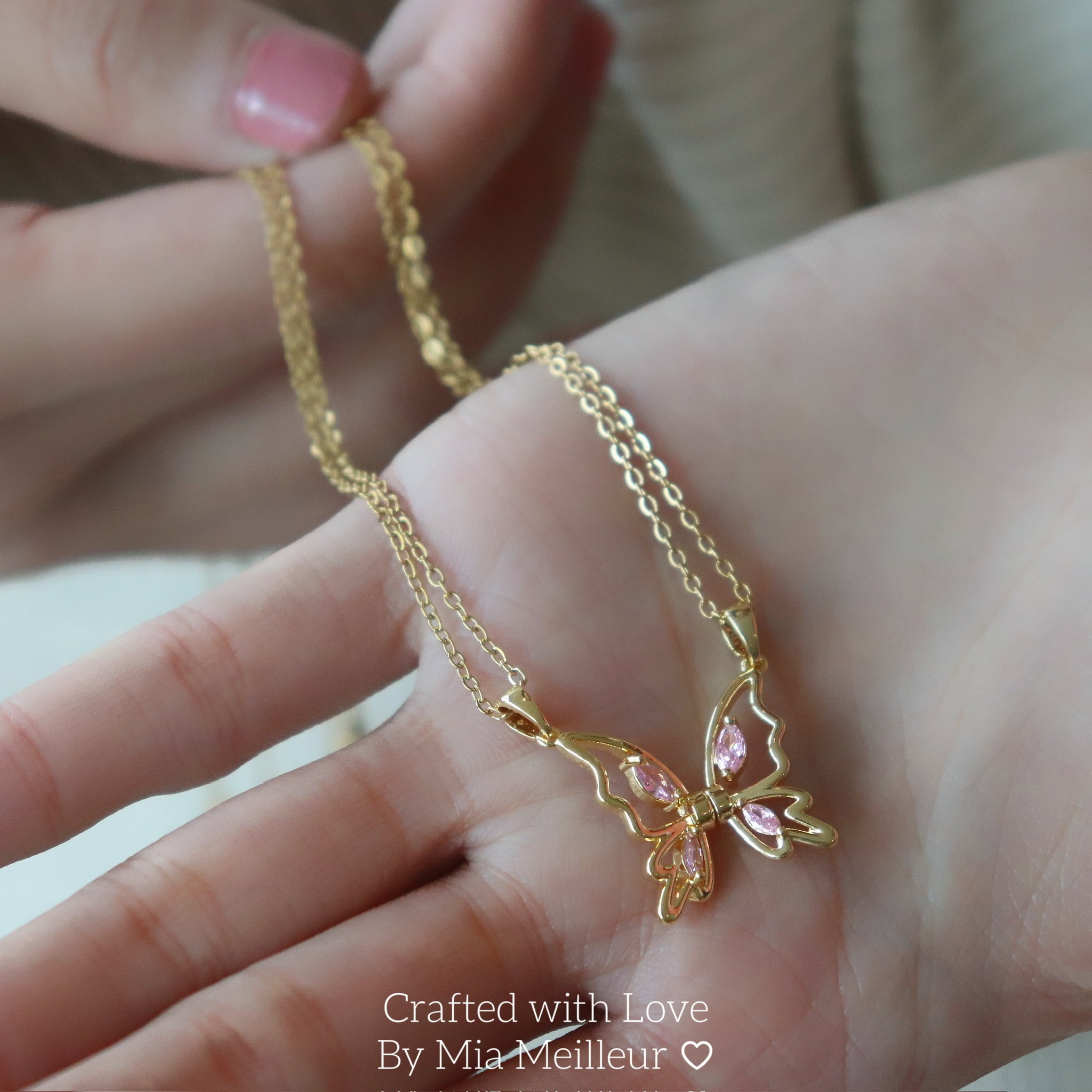 Pink Crystal Half Butterfly Matching Necklace