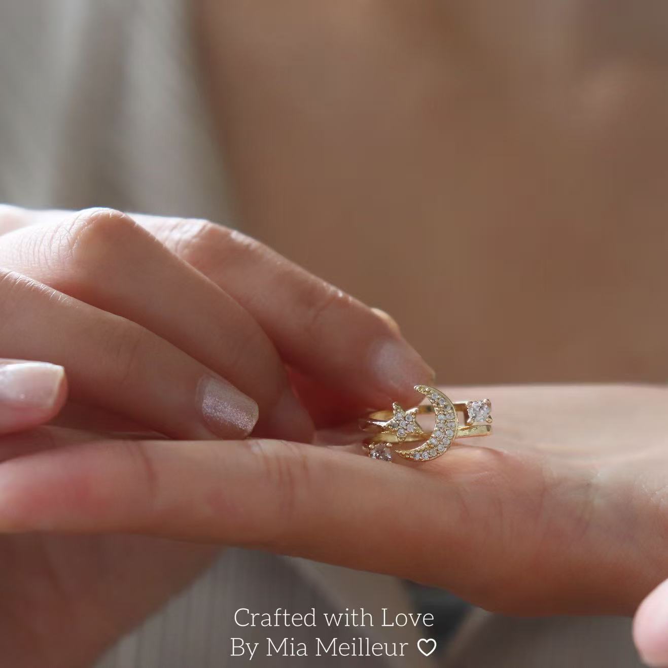 Crystal Crescent Moon Adjustable Ring, Dainty Celestial Jewelry MR165