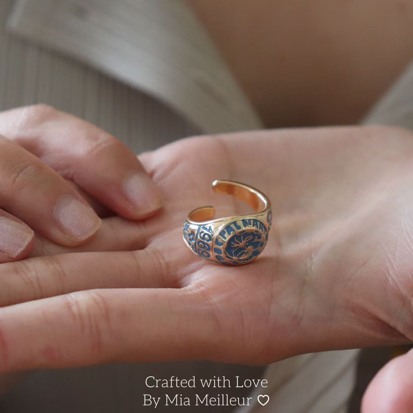 Moon Landing Ring, Vintage Inspired 1969 Apollo Tribute Jewelry, Blue Enamel Adjustable Signet Ring MR162