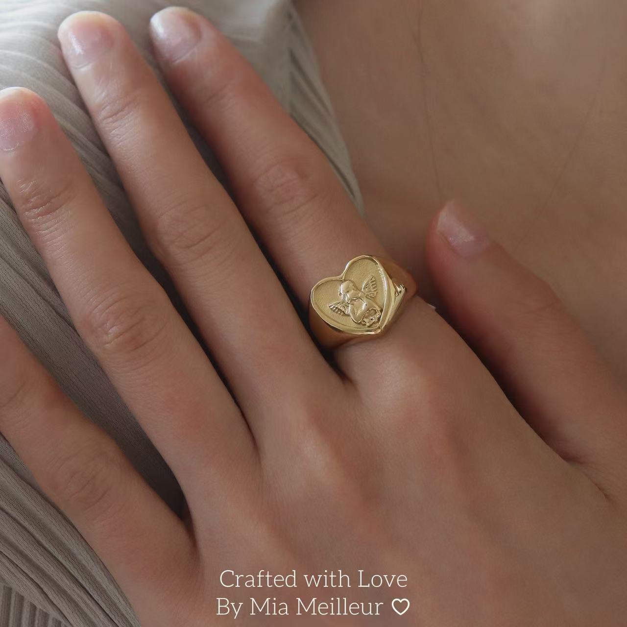 Vintage Inspired Gold Heart Signet Ring with Angel MR167