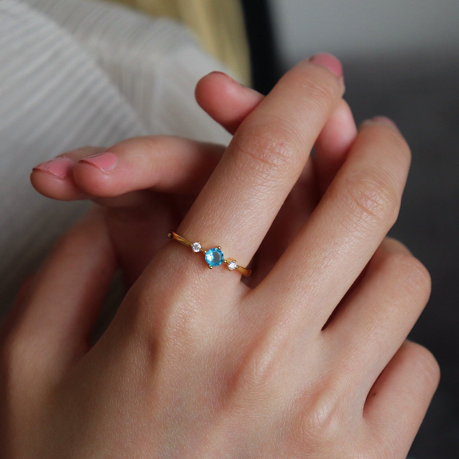 Dainty Aquamarine Ring with Diamonds