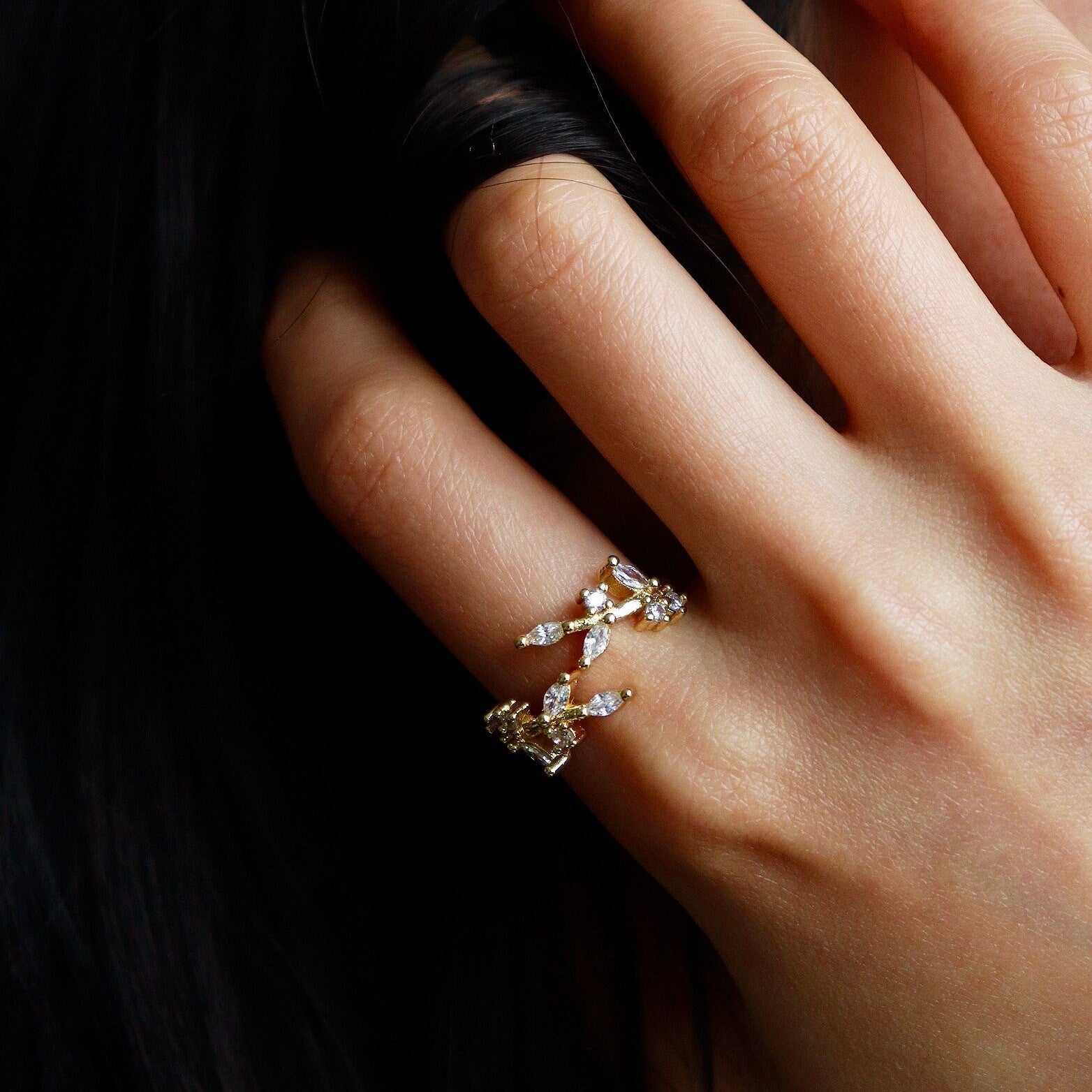Diamond Leaf Ring in Gold and Silver