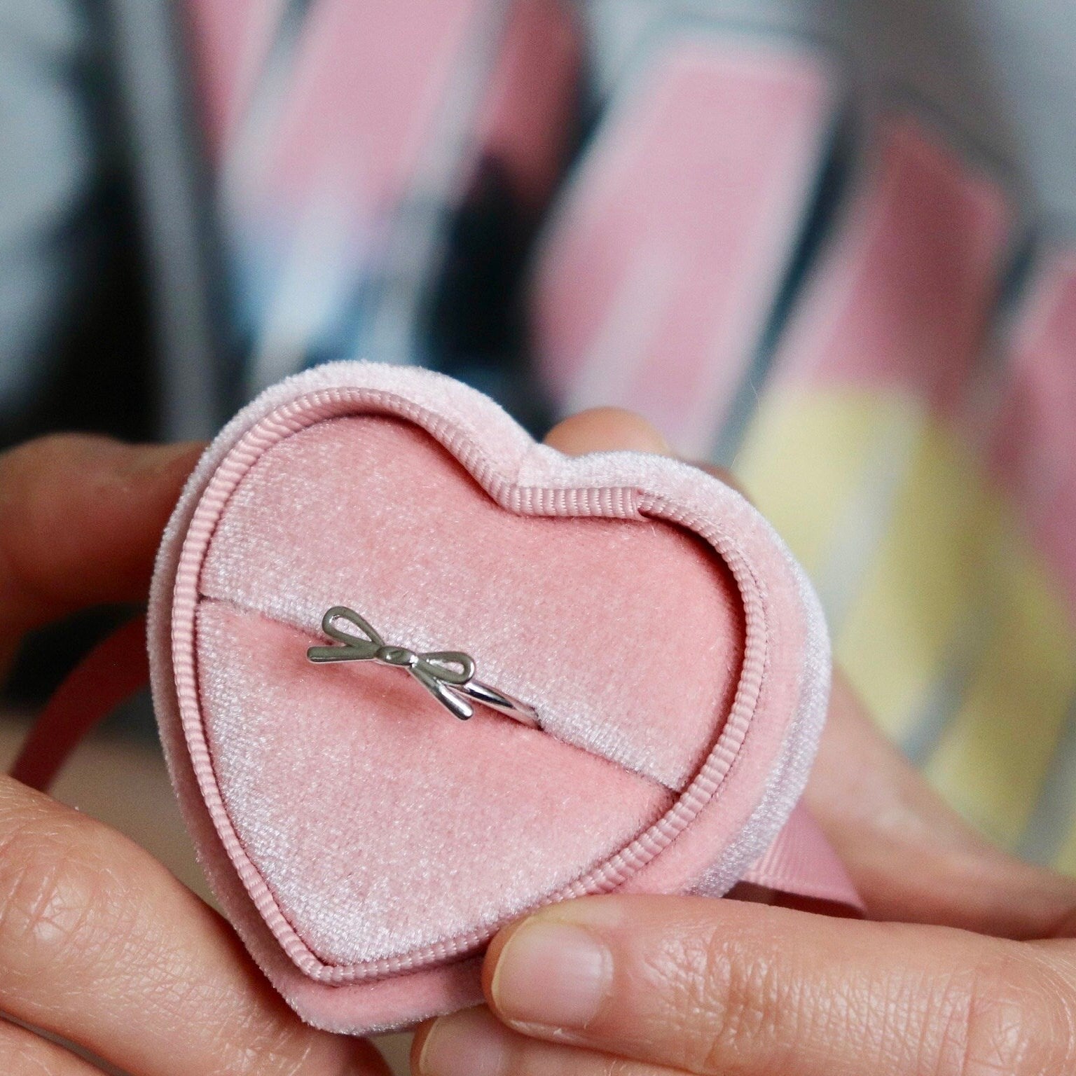 Pink Velvet Heart Ring Box with Ribbon