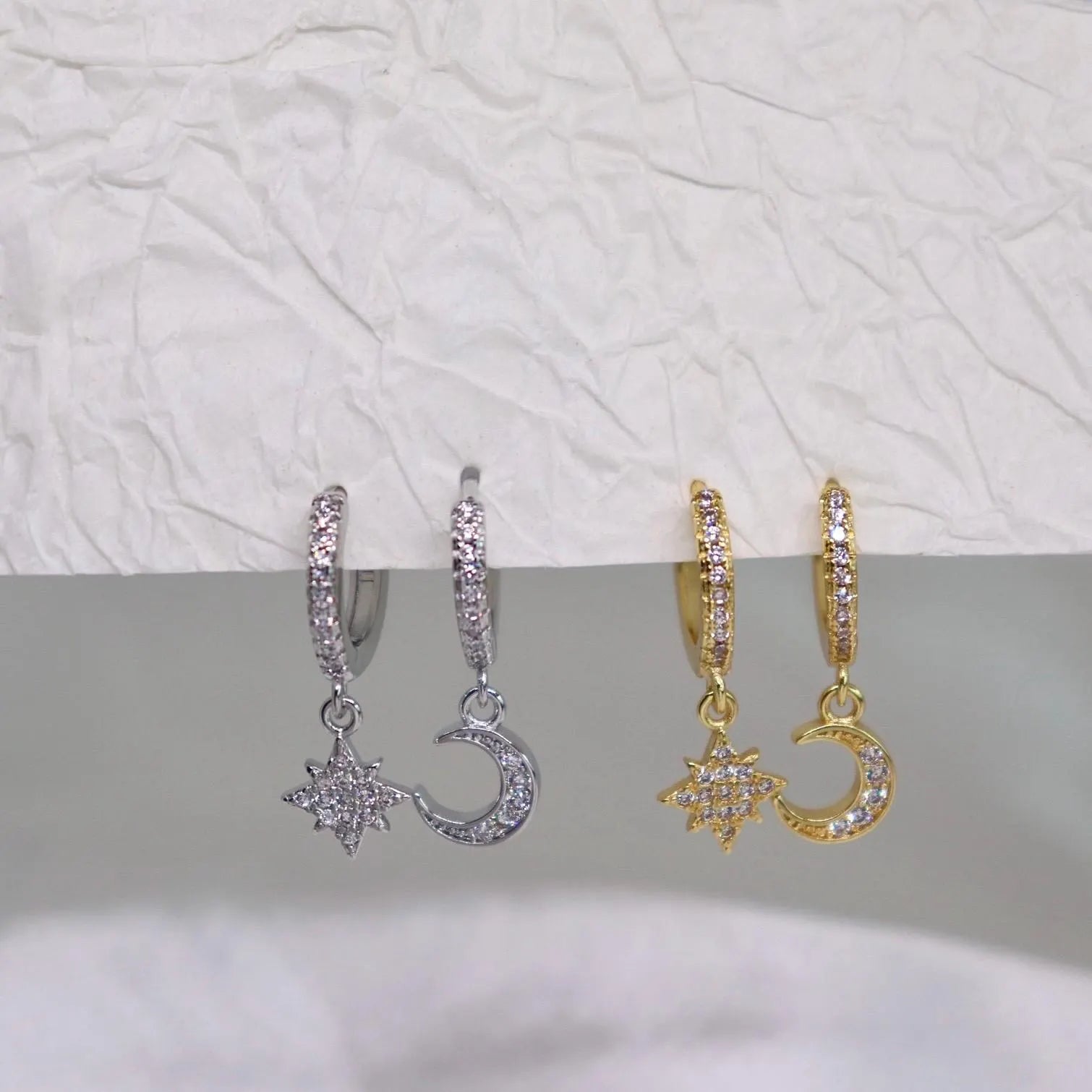 Moon and Star Pave Huggie Earrings