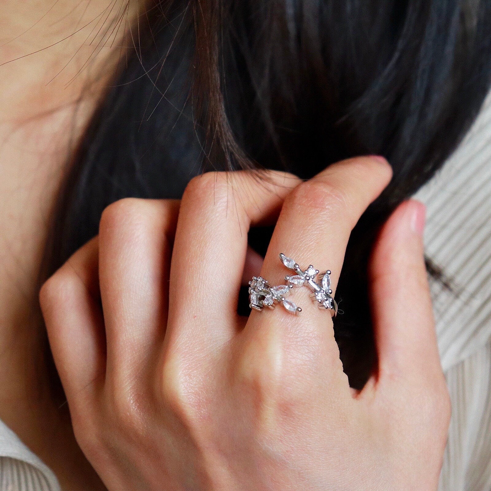 Diamond Leaf Ring in Gold and Silver