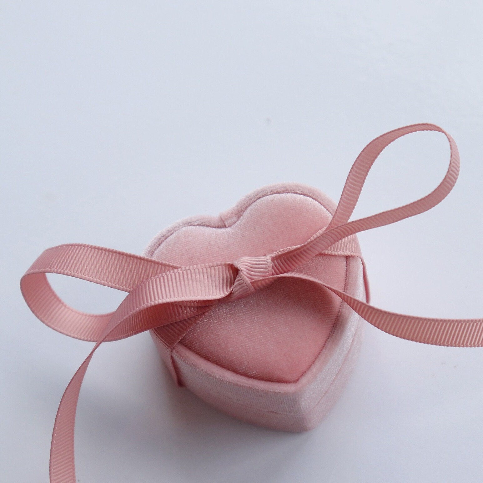 Pink Velvet Heart Ring Box with Ribbon