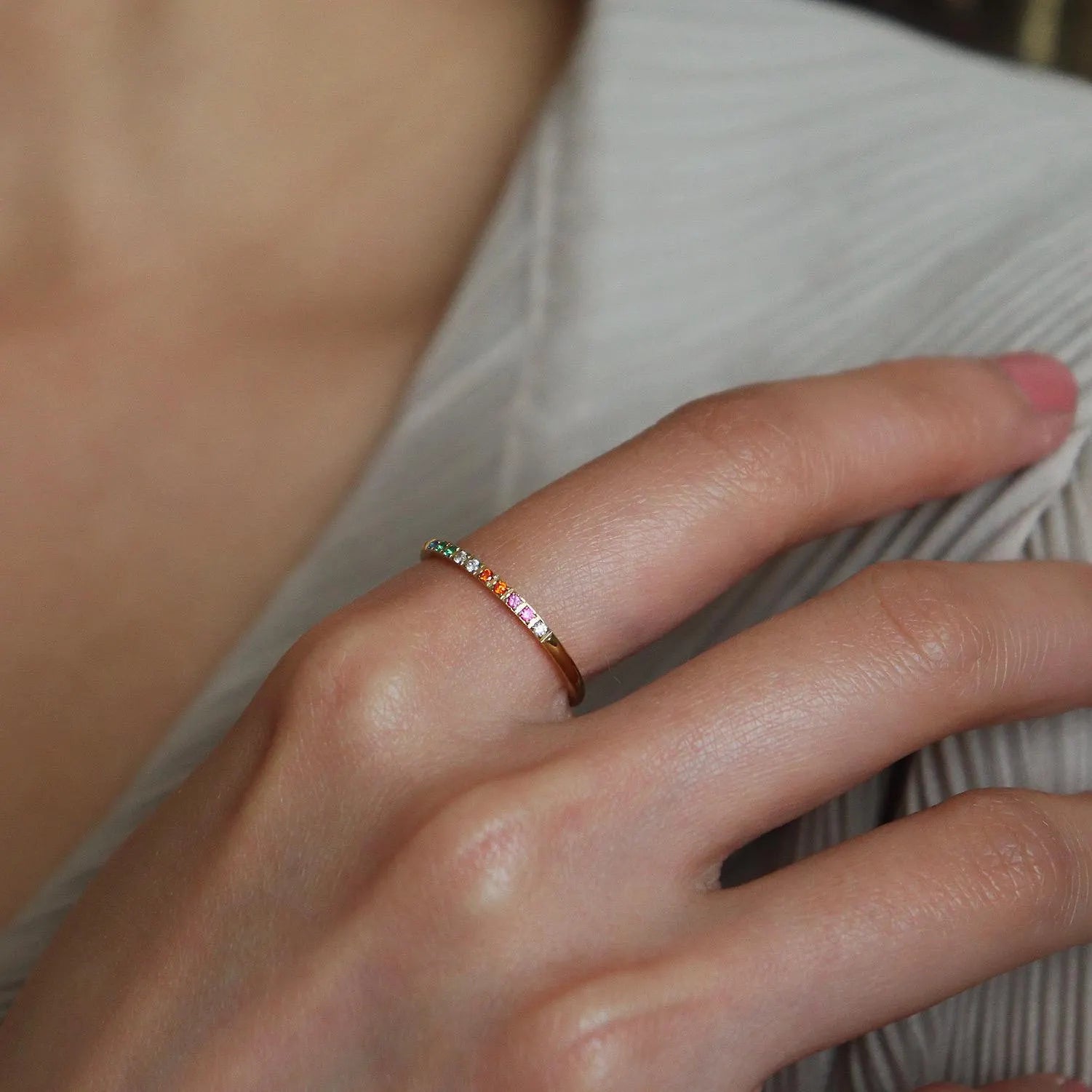 Dainty Rainbow Gemstone Gold Ring MR033