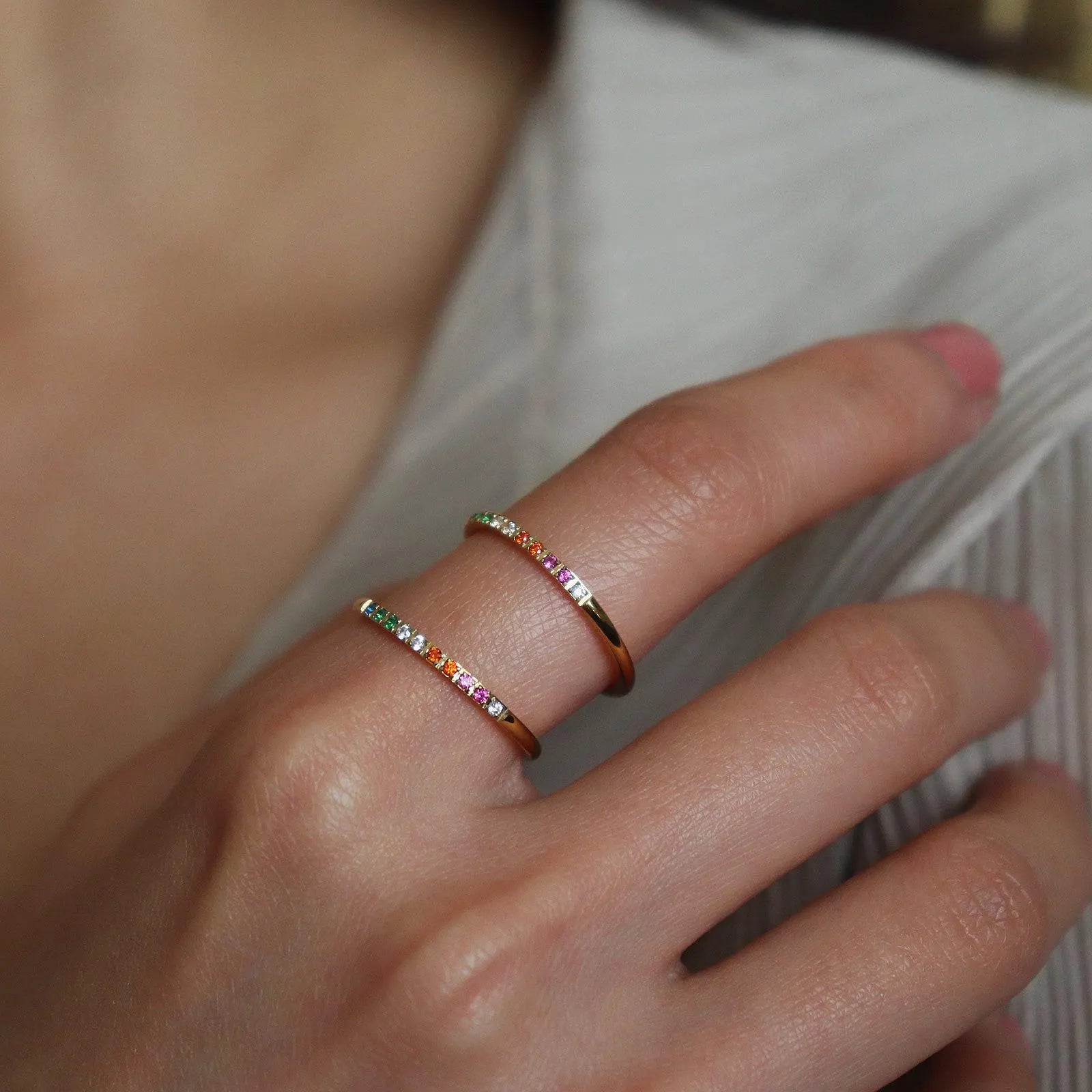 Dainty Rainbow Gemstone Gold Ring MR033