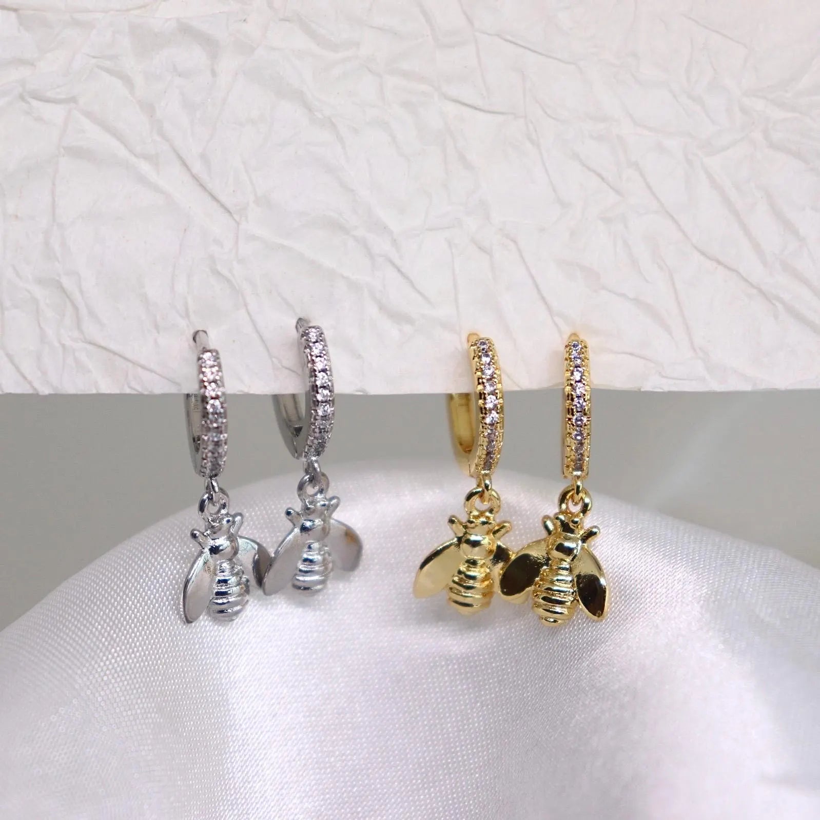 Bee Charm Pave Huggie Earrings