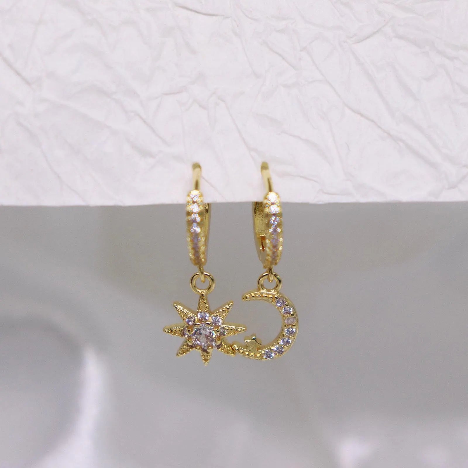 Star and Moon Pave Huggie Earrings