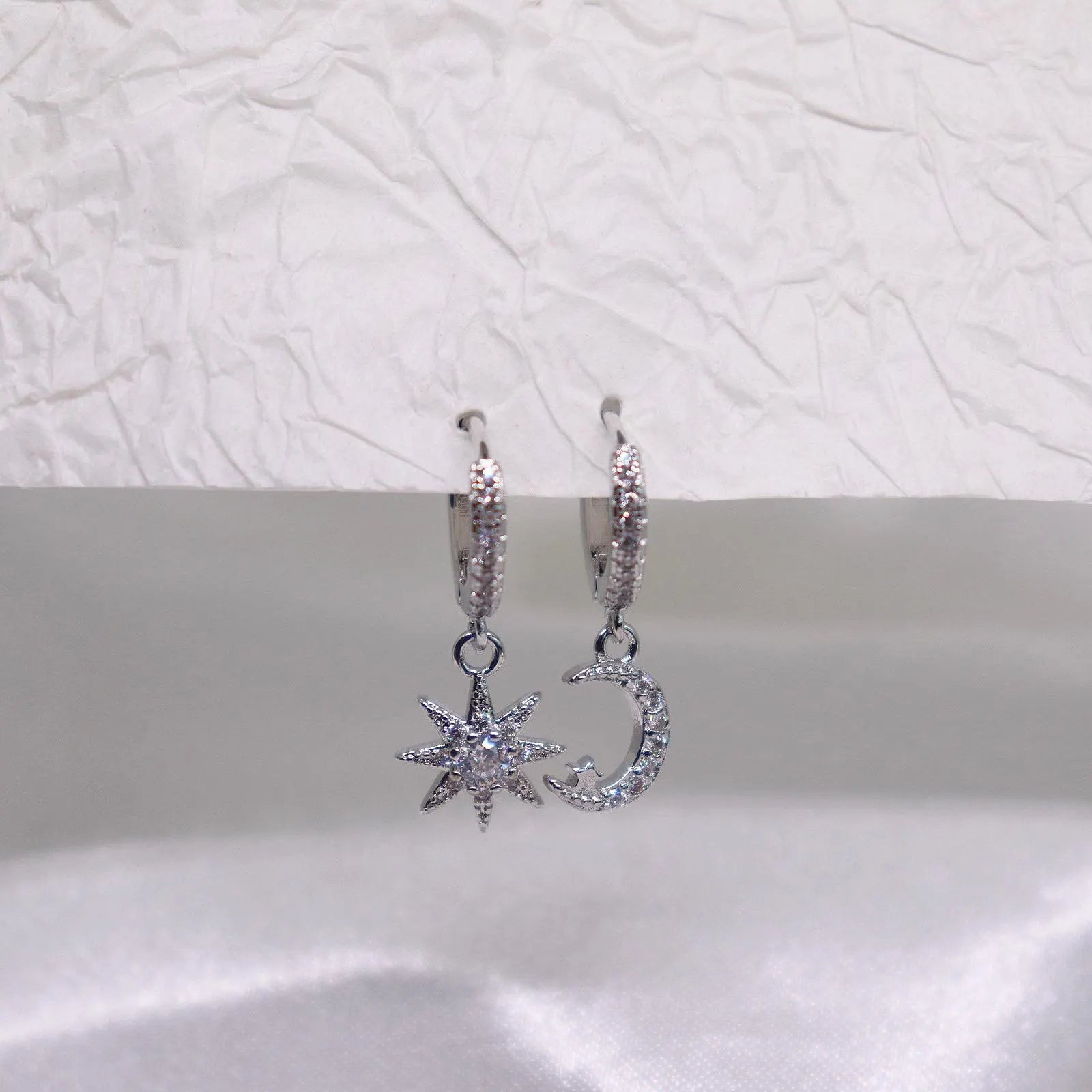 Star and Moon Pave Huggie Earrings