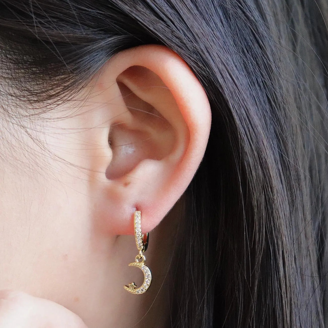 Star and Moon Pave Huggie Earrings