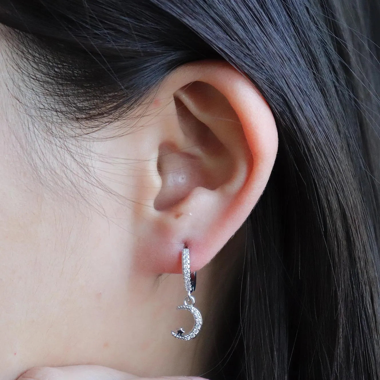 Star and Moon Pave Huggie Earrings