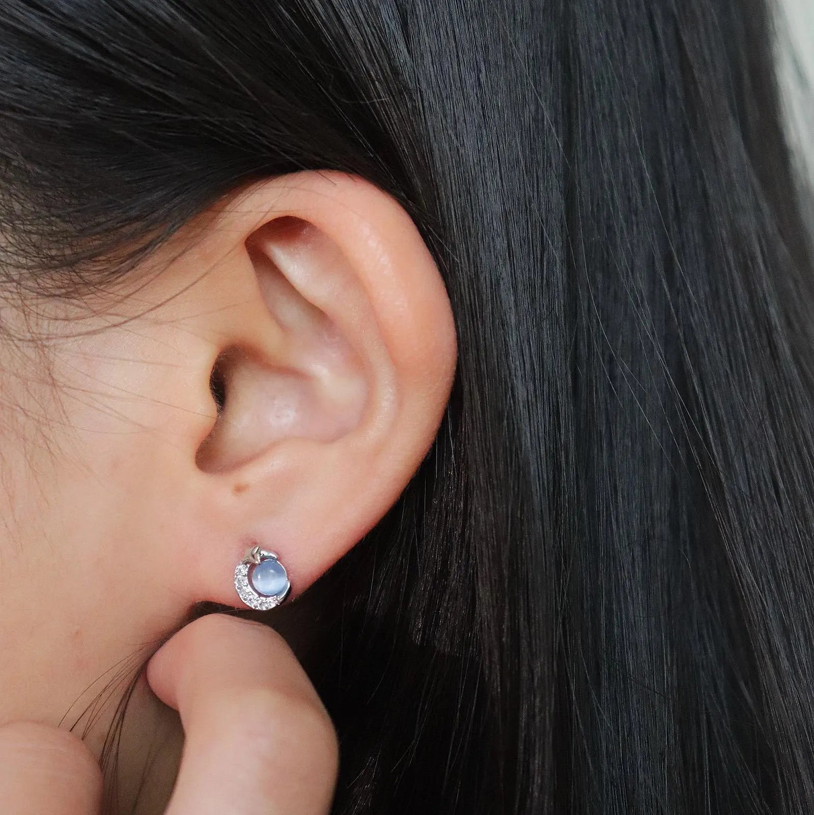 Dainty Blue Moonstone Saturn Stud Earrings ME042