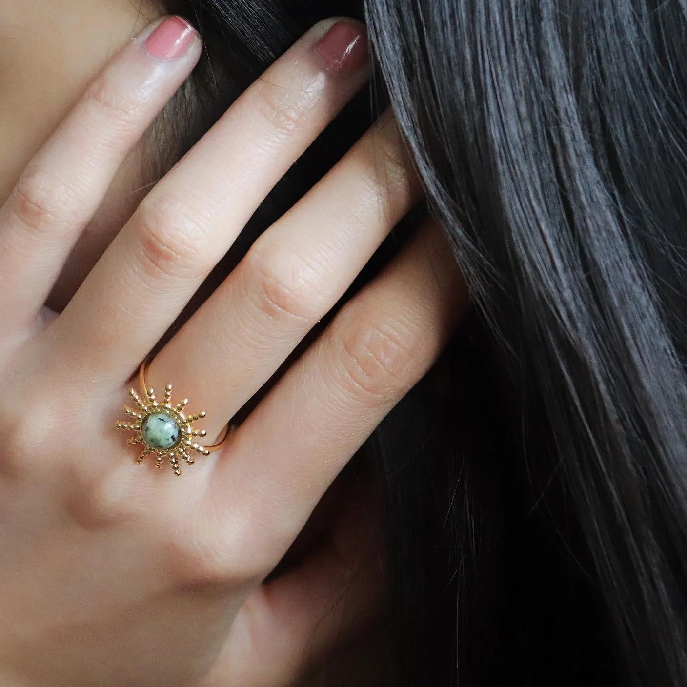 Sun Shaped Green Gemstone Ring