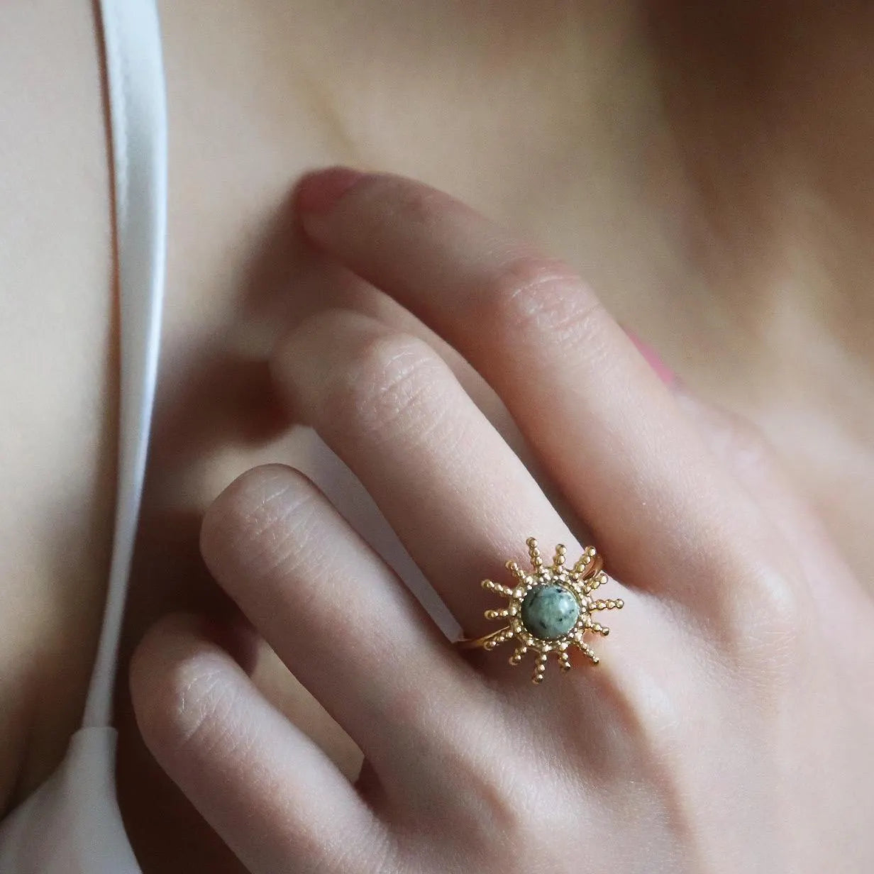 Sun Shaped Green Gemstone Ring
