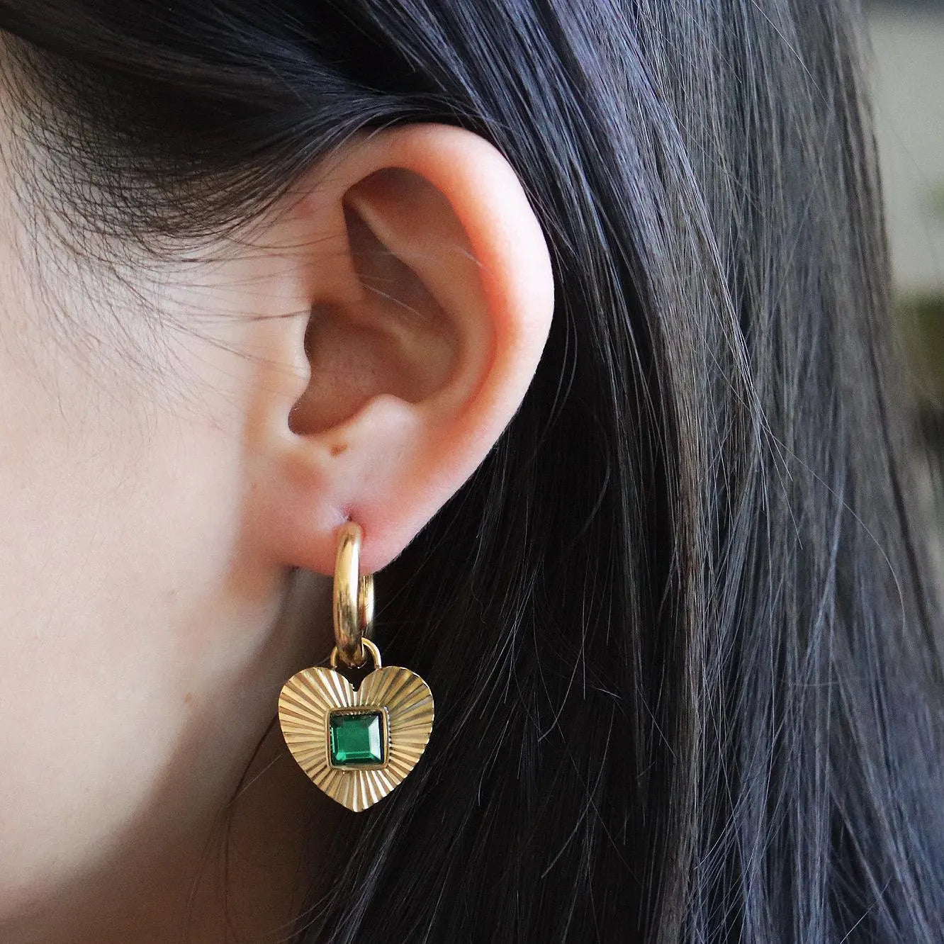 Emerald Heart Hoop Earrings