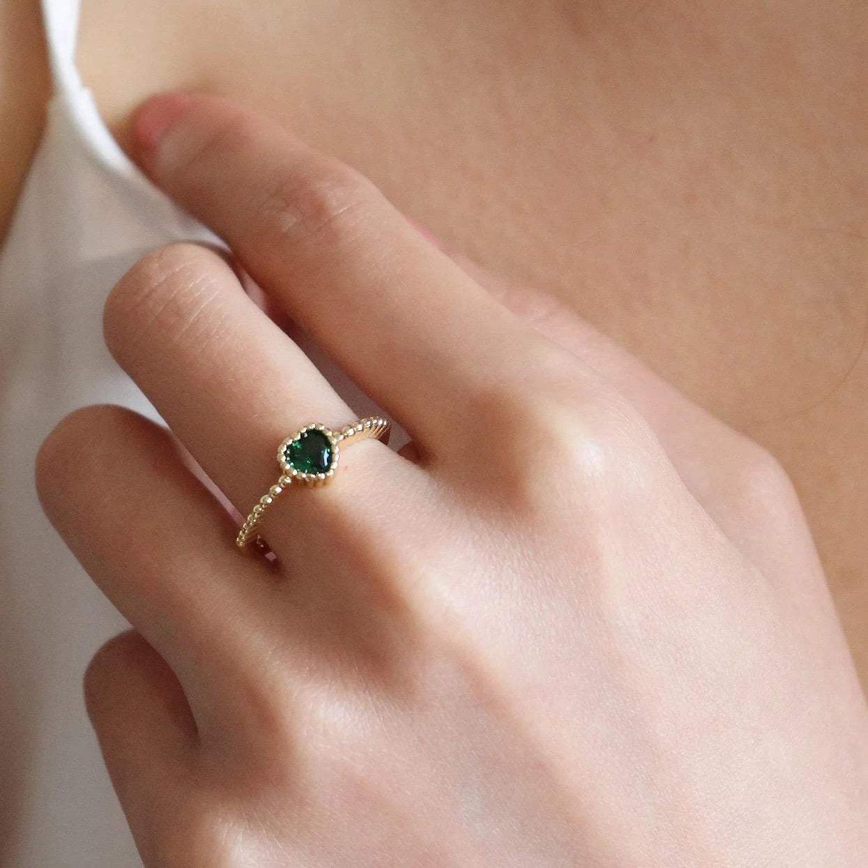 Dainty Emerald Heart Gold Ring