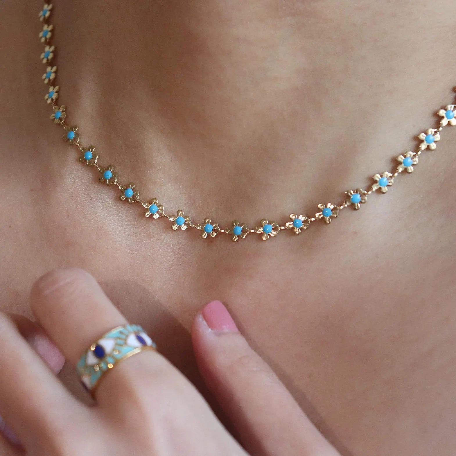 Gold Blue Flower Necklace
