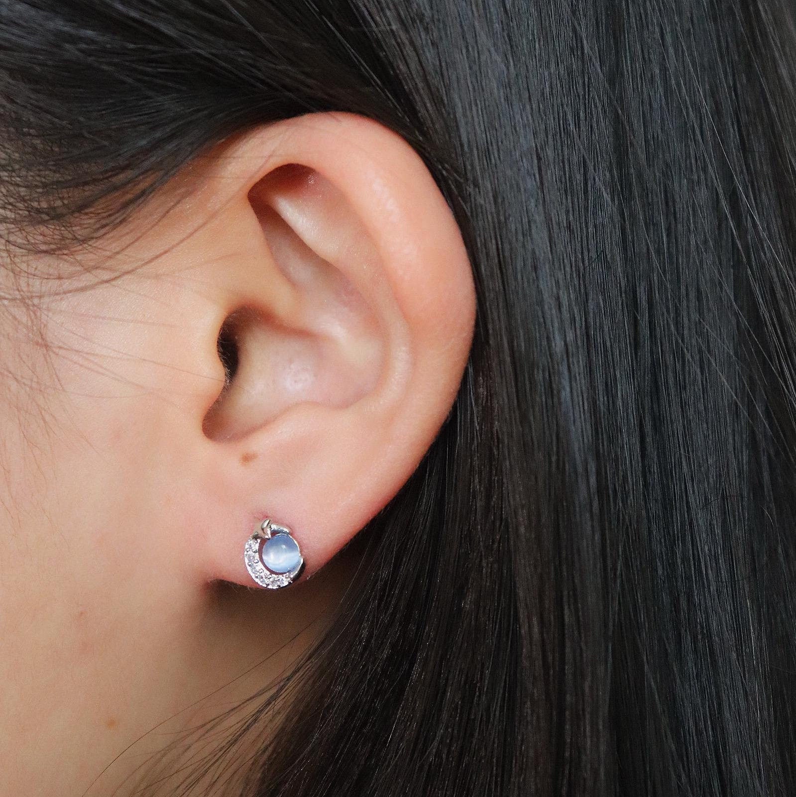 Dainty Blue Moonstone Saturn Stud Earrings ME042