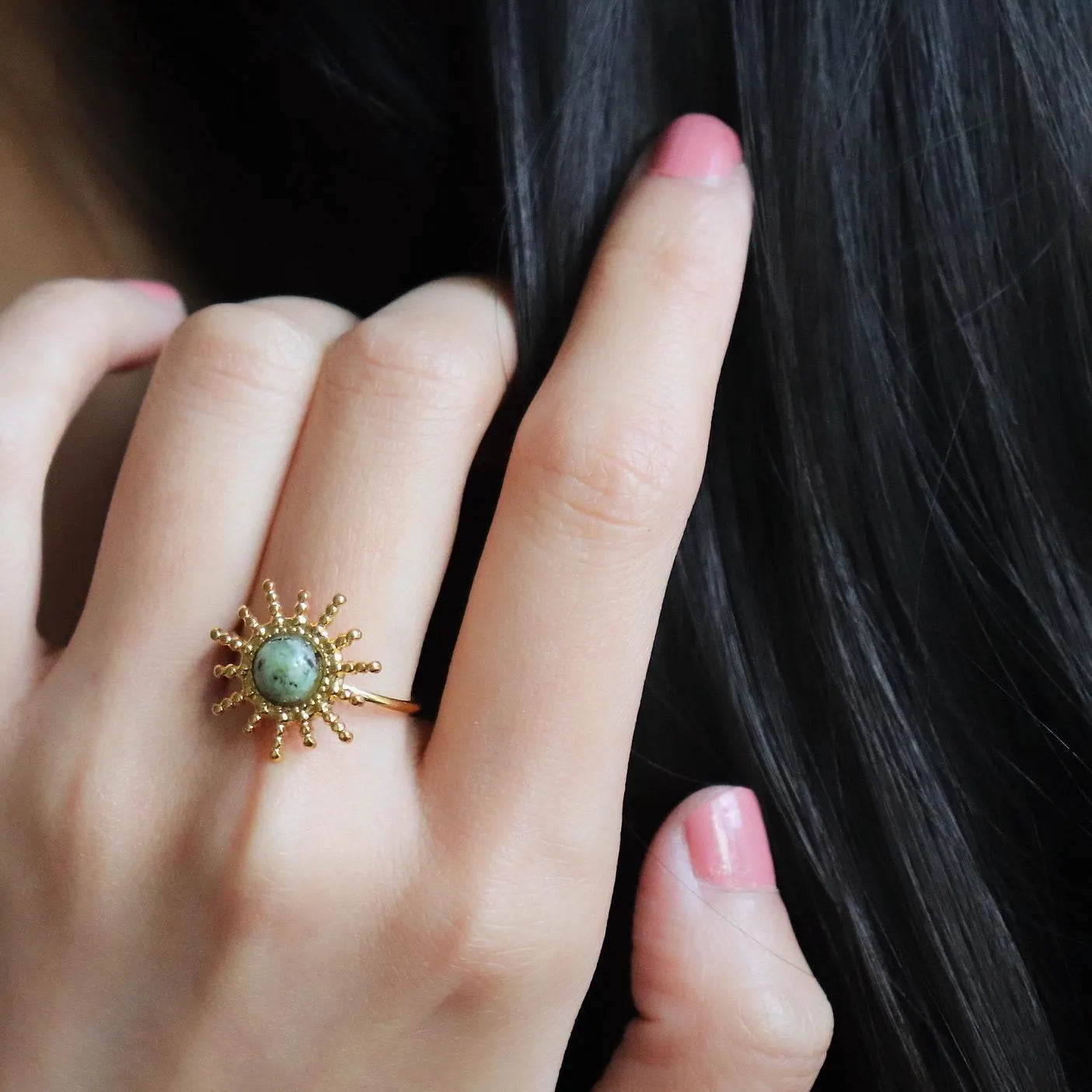 Sun Shaped Green Gemstone Ring