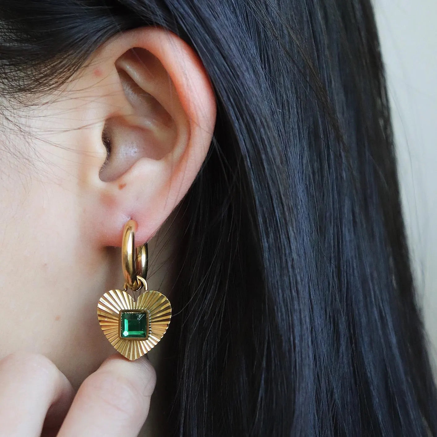 Emerald Heart Hoop Earrings