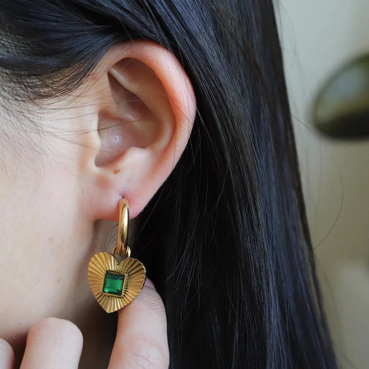 Emerald Heart Hoop Earrings