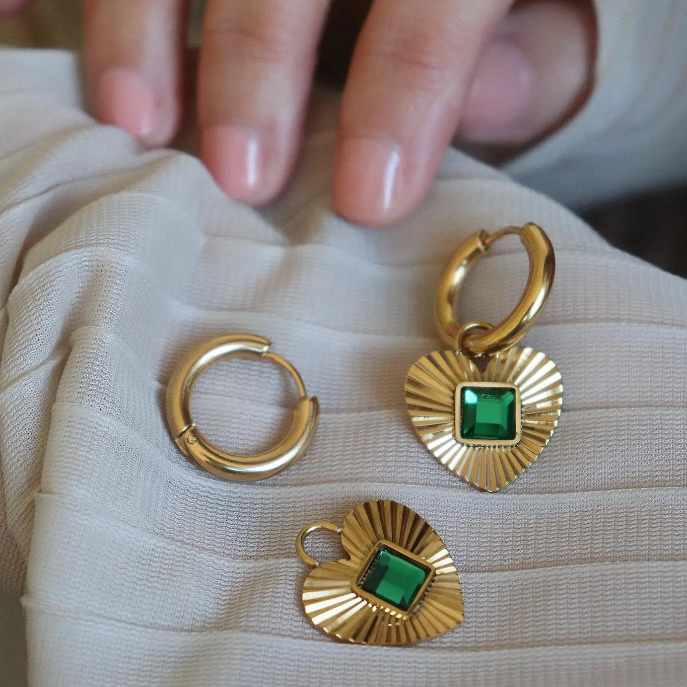 Emerald Heart Hoop Earrings