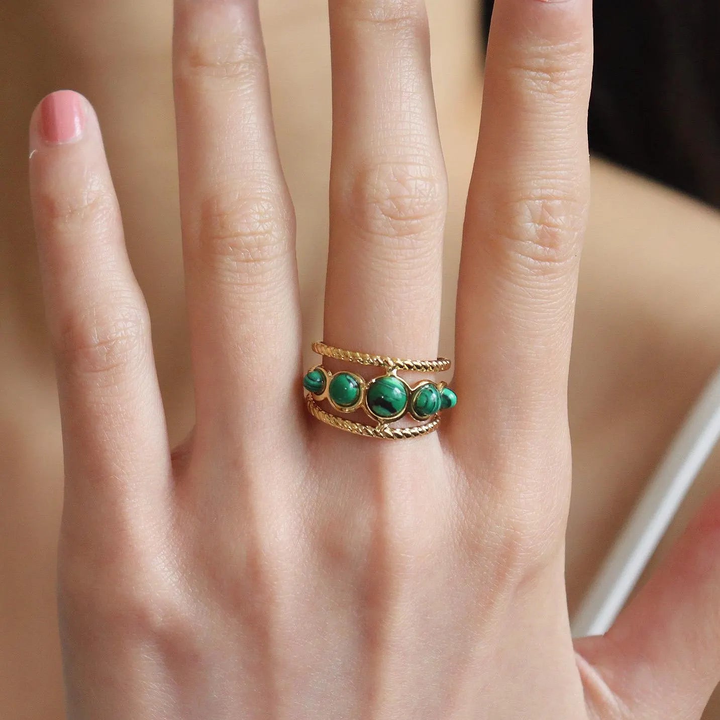Boho Green Gemstone Open Ring