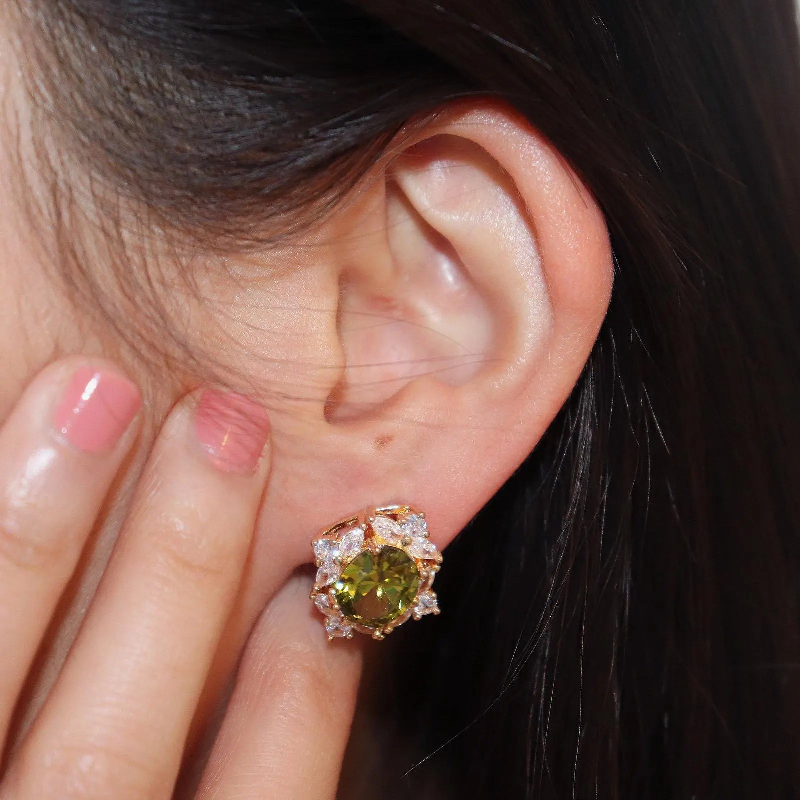 Olive Green Gemstone Halo Earrings