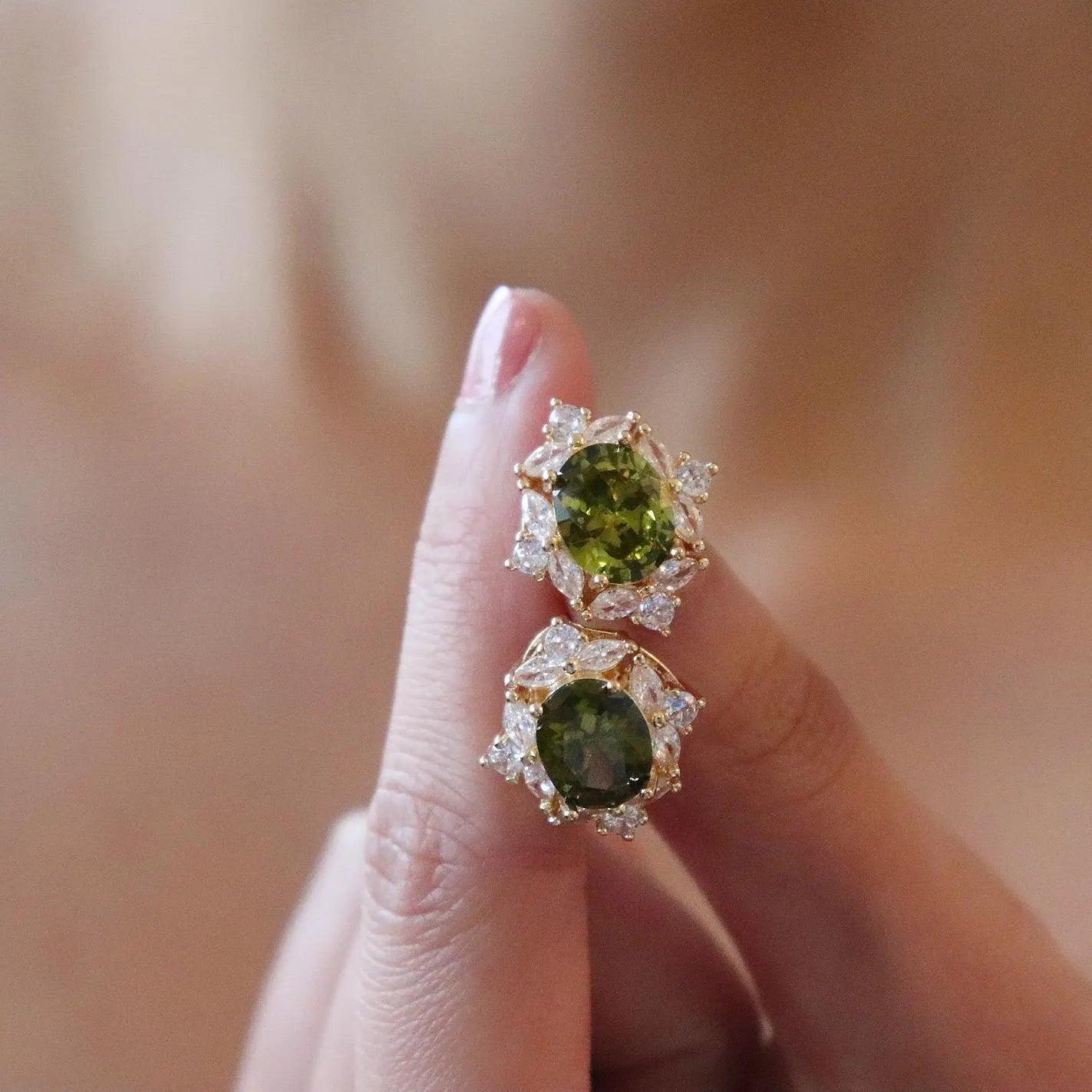 Olive Green Gemstone Halo Earrings