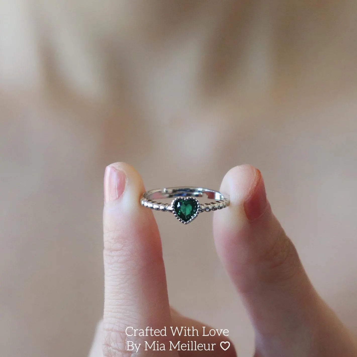Dainty Emerald Heart Adjustable Ring