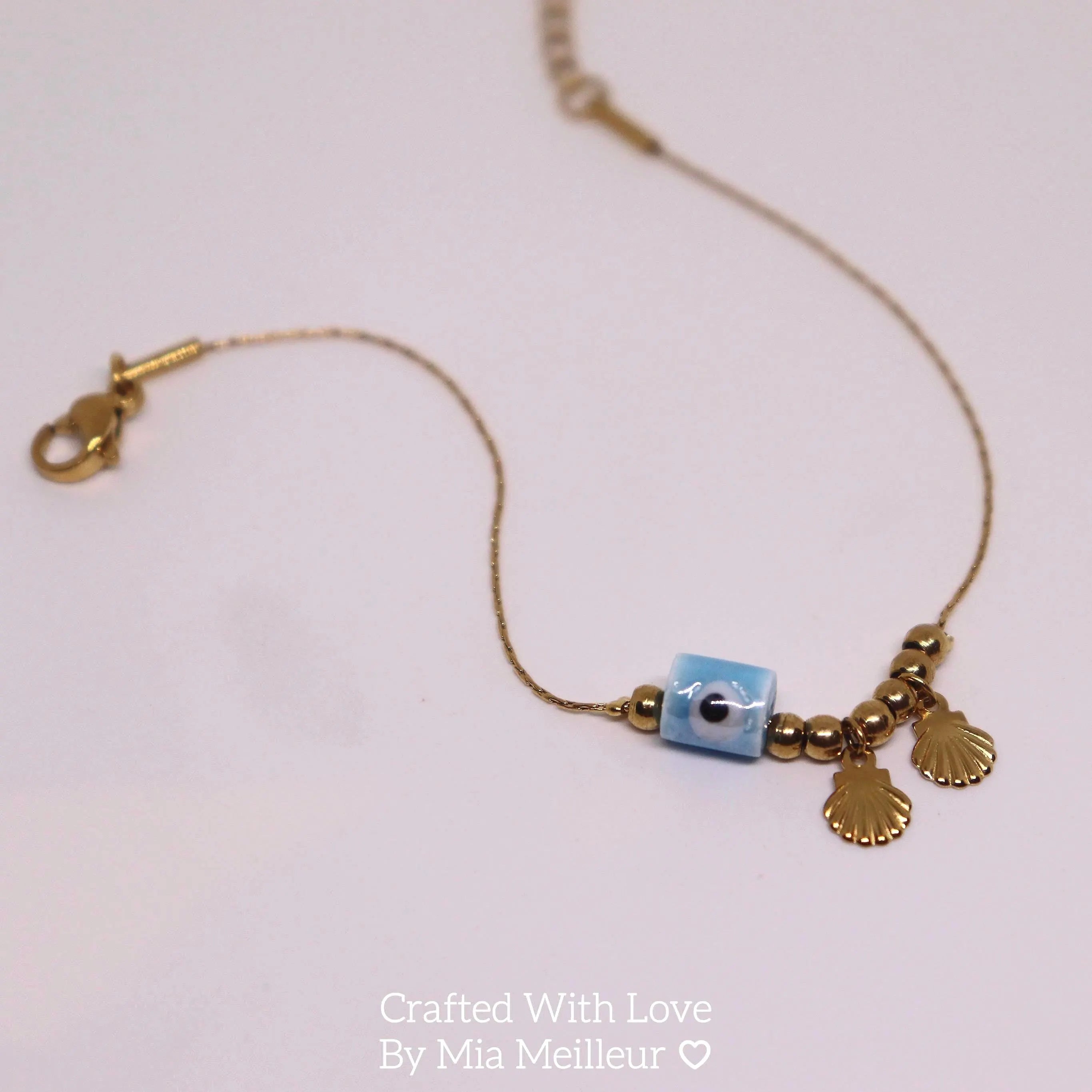 Dainty Evil Eye Bracelet with Seashell Charm