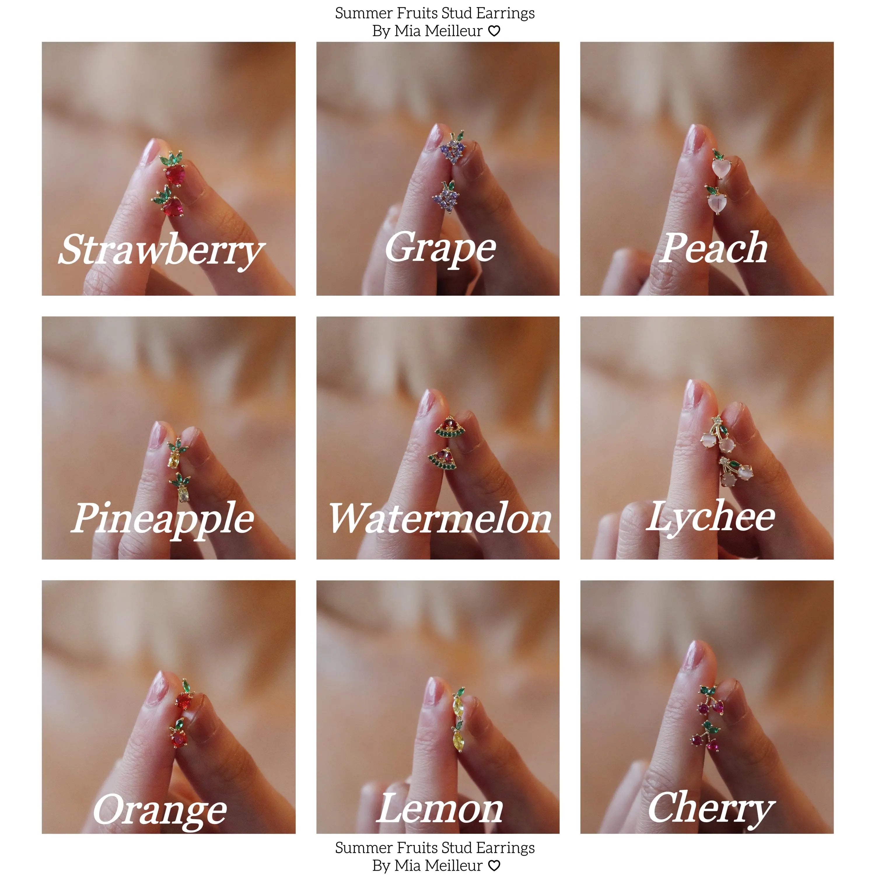 Summer Fruit Stud Earrings, Strawberry, Grape, Peach, Watermelon, Pineapple, Orange, Lemon, Cherry, Lychee Earrings