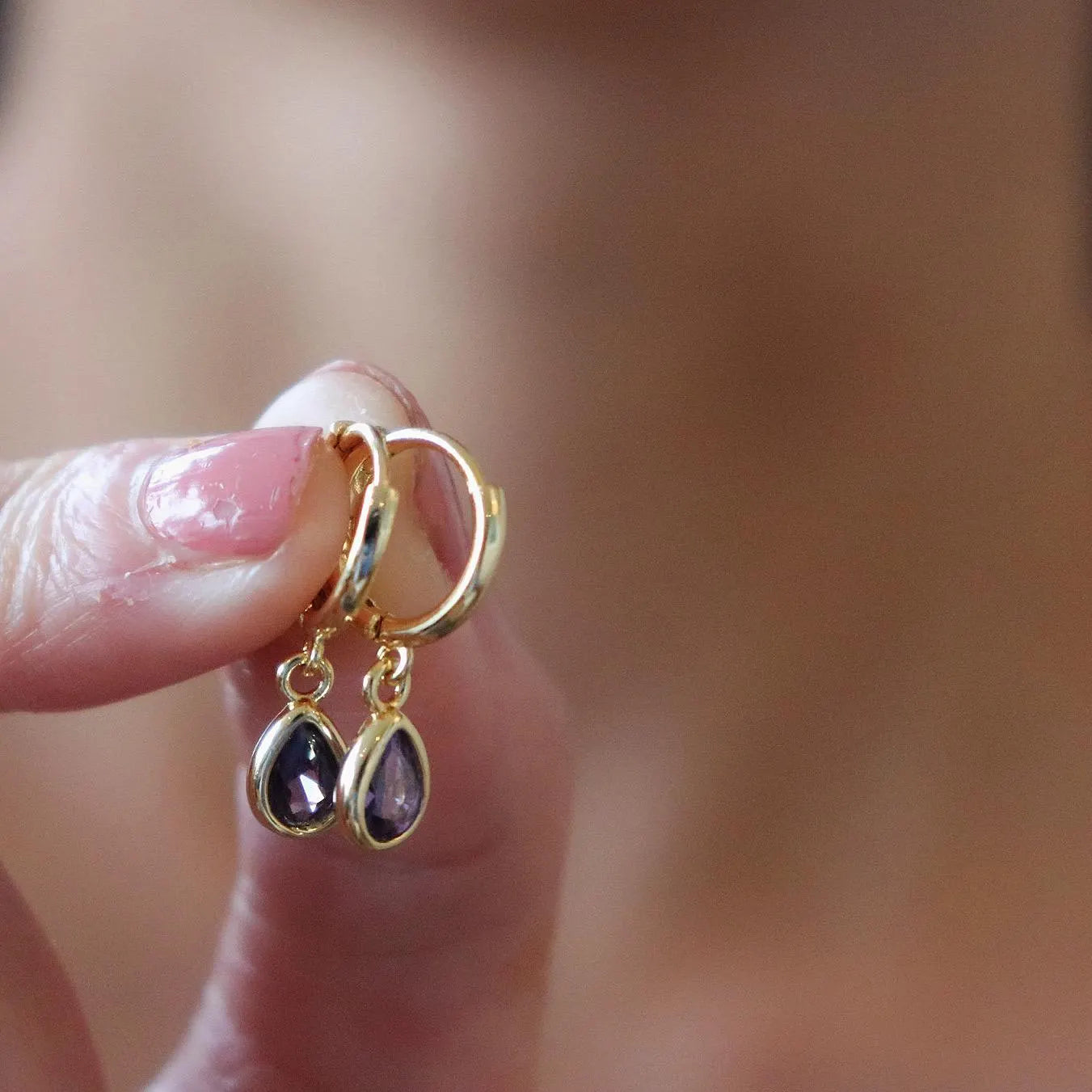 Dainty Amethyst Teardrop Hoop Earrings