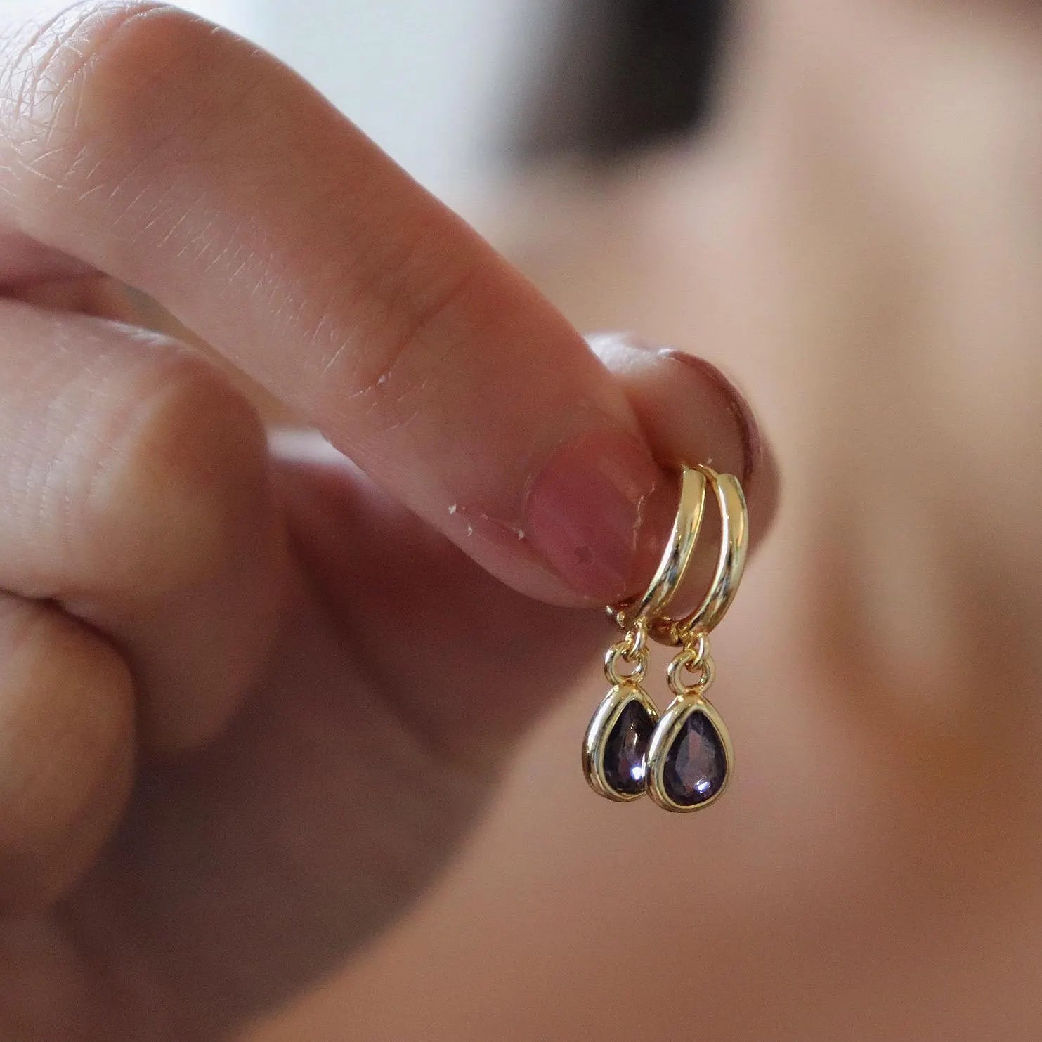 Dainty Amethyst Teardrop Hoop Earrings
