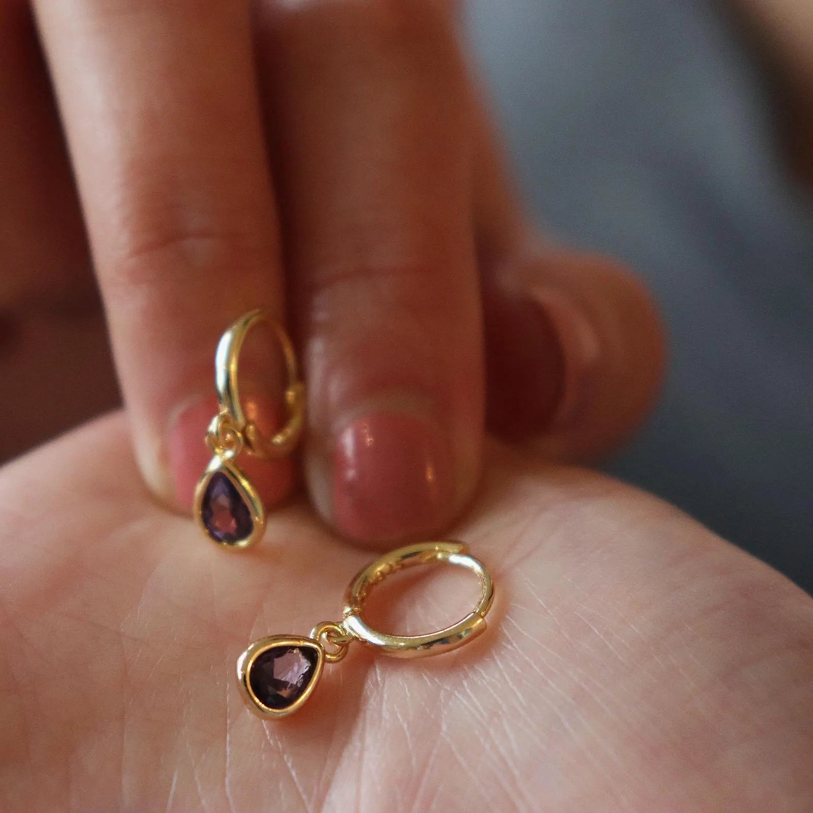Dainty Amethyst Teardrop Hoop Earrings
