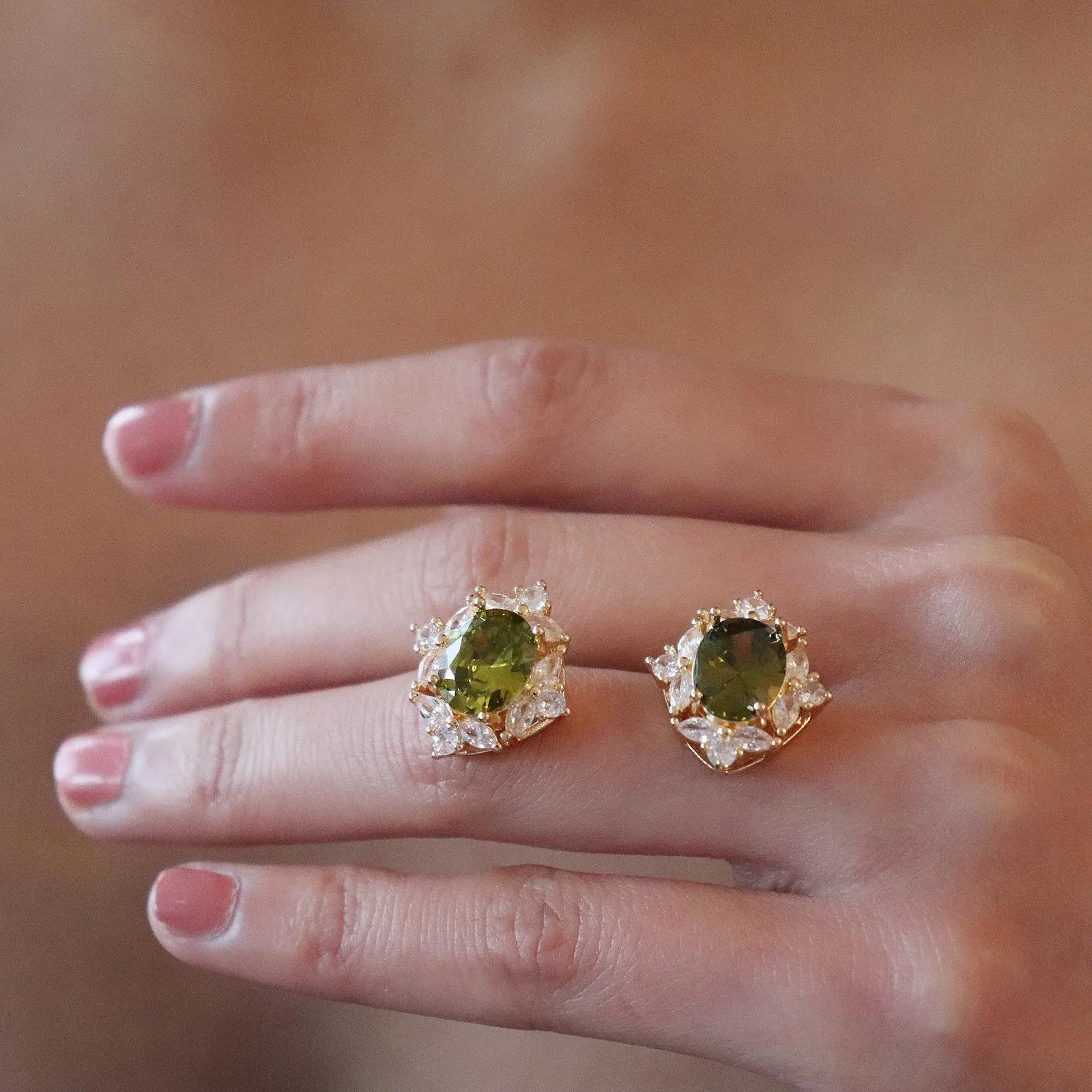 Olive Green Gemstone Halo Earrings