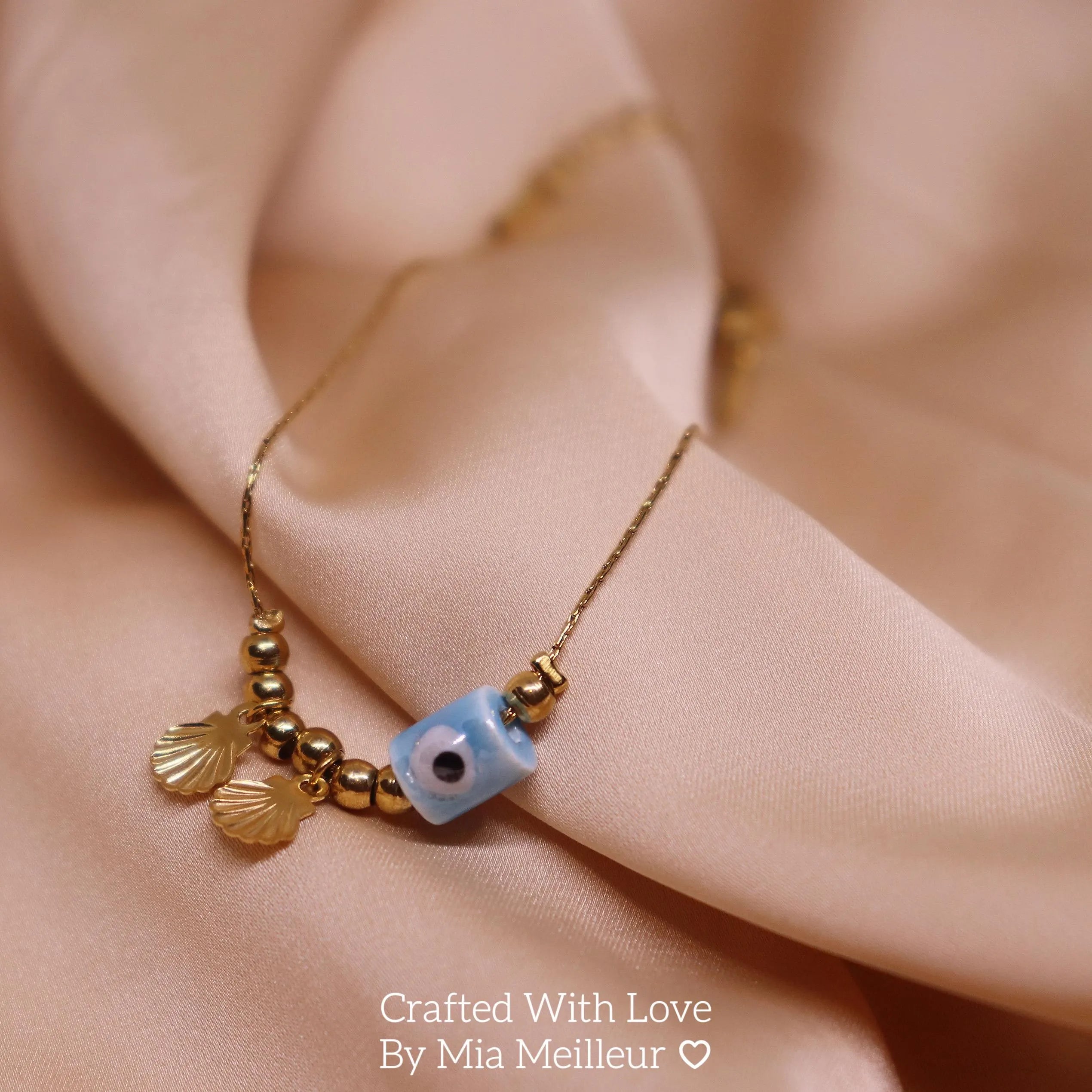 Dainty Evil Eye Bracelet with Seashell Charm