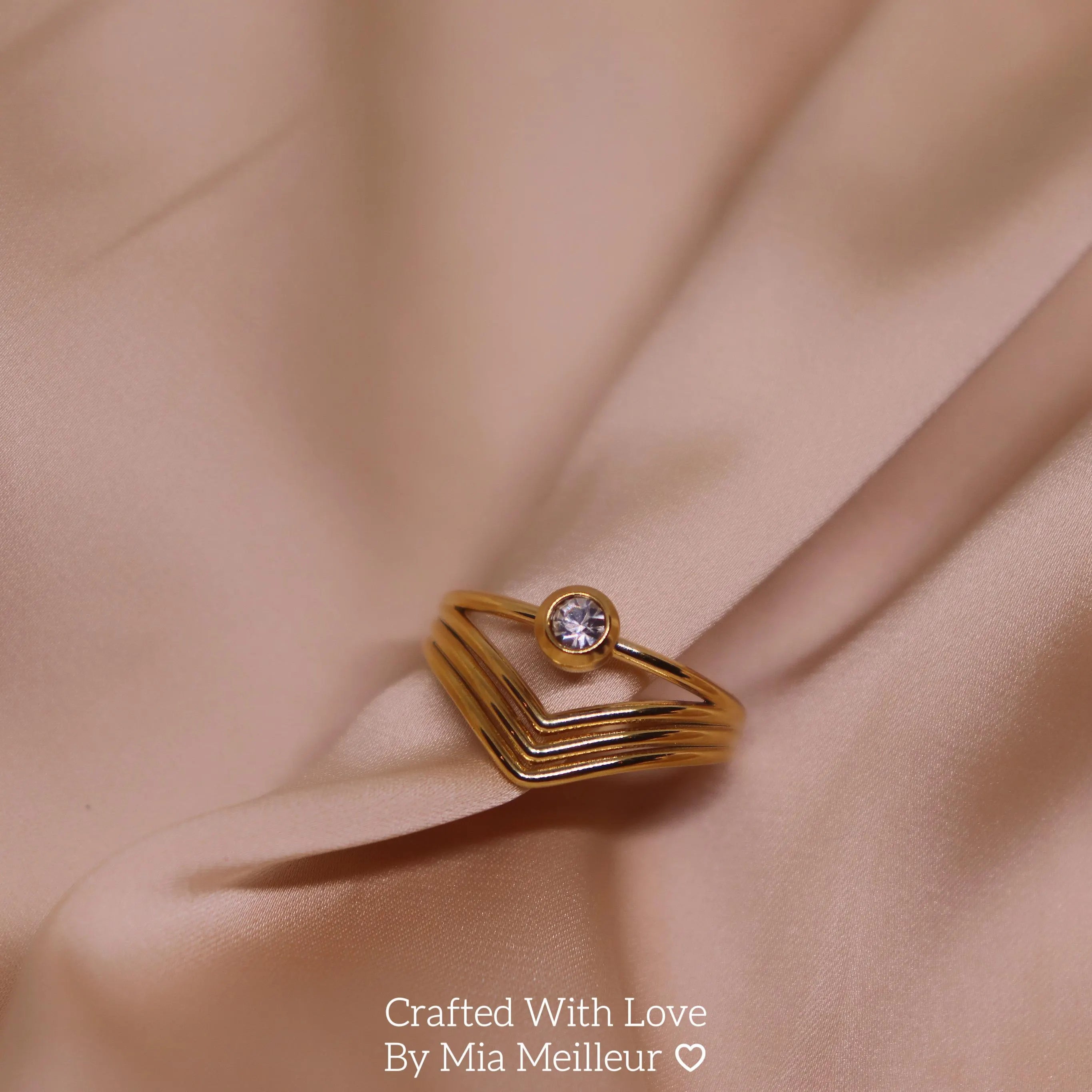 Gold Chevron Ring, Curved Art Deco Stacking Ring