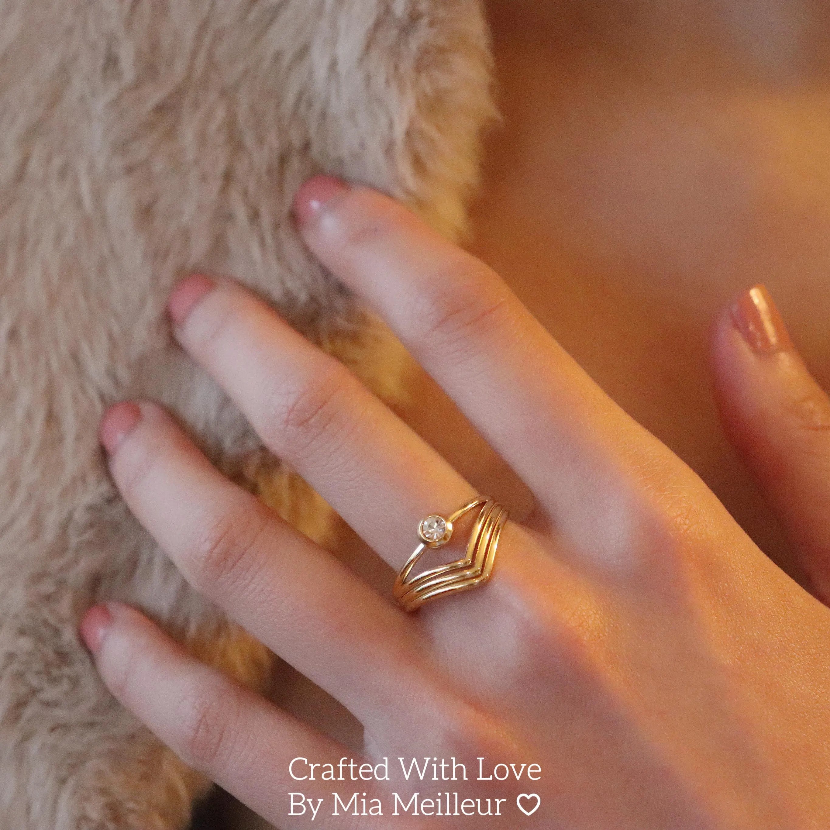 Gold Chevron Ring, Curved Art Deco Stacking Ring